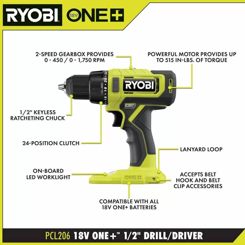 Ryobi Pcl1400k2 One+ 18V Cordless 4-Tool Combo Kit with 1.5 Ah Battery, 4.0 Ah Battery, and Charger