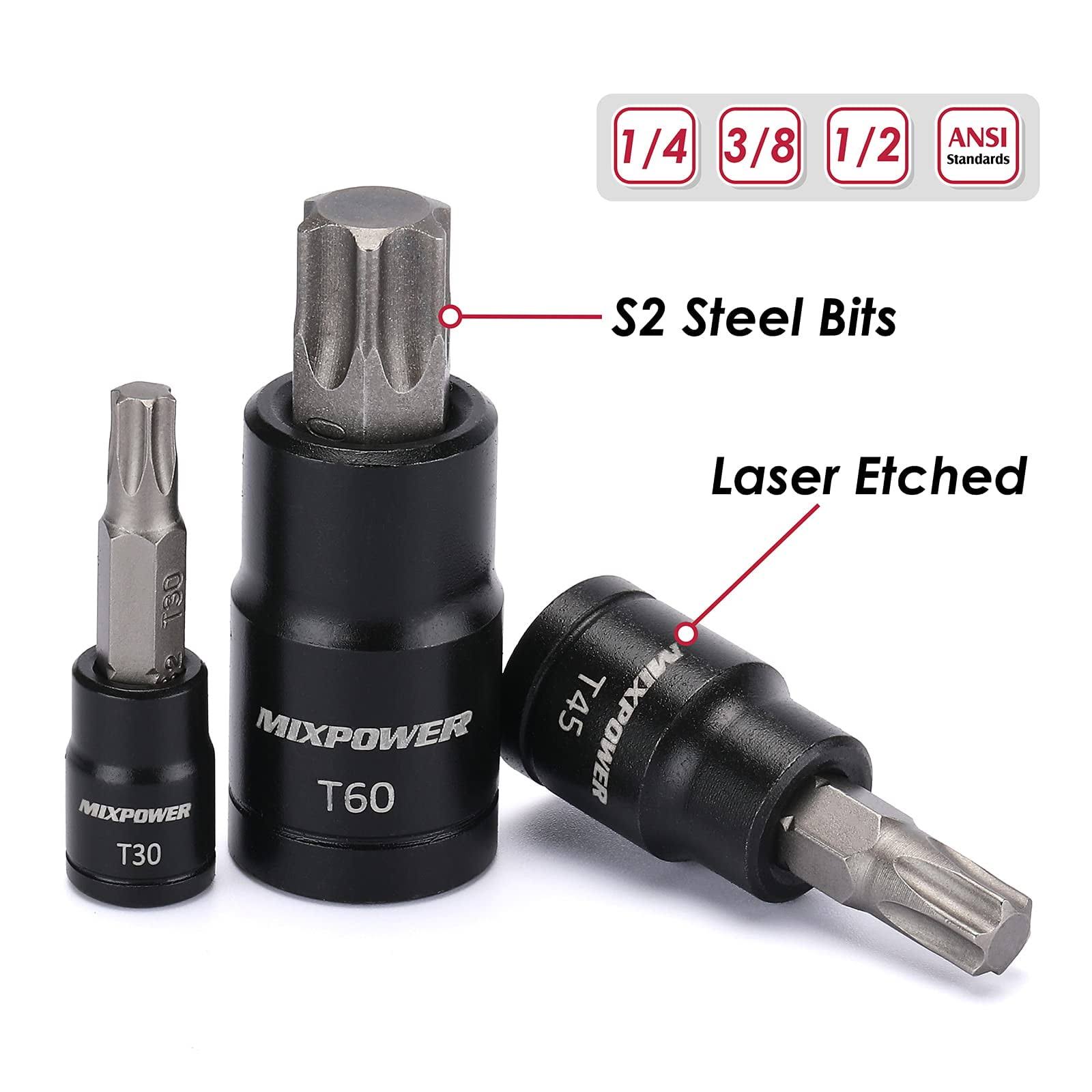 MIXPOWER 25 Piece Torx Bit Socket and Female External Socket Set, 13 Star Socket Bits (T8- T60)& 12 Female E-Torx Sockets (E4-E22), Professional