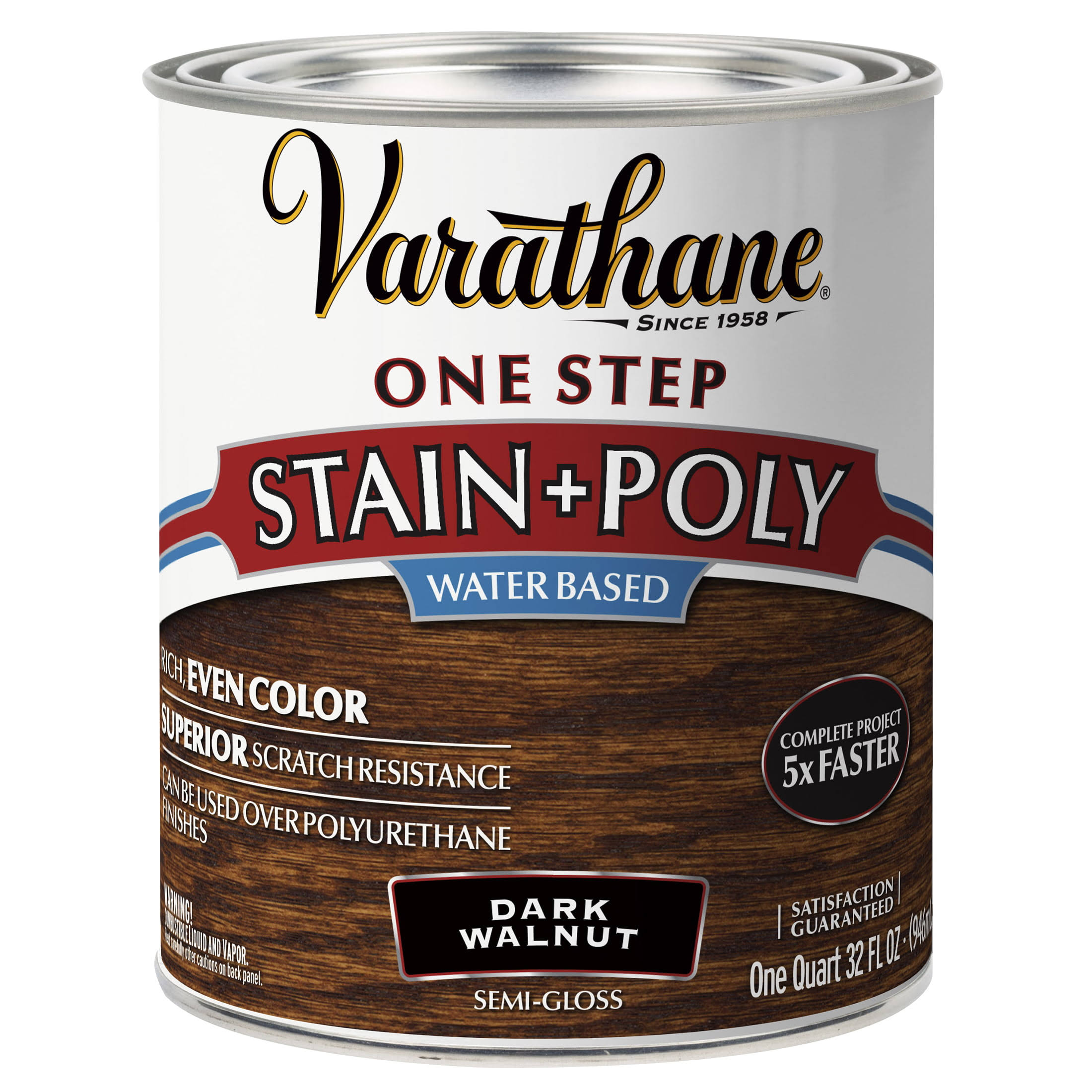 Stain & Polyurethane, Water-Based, Dark Walnut, 1-Qt.
