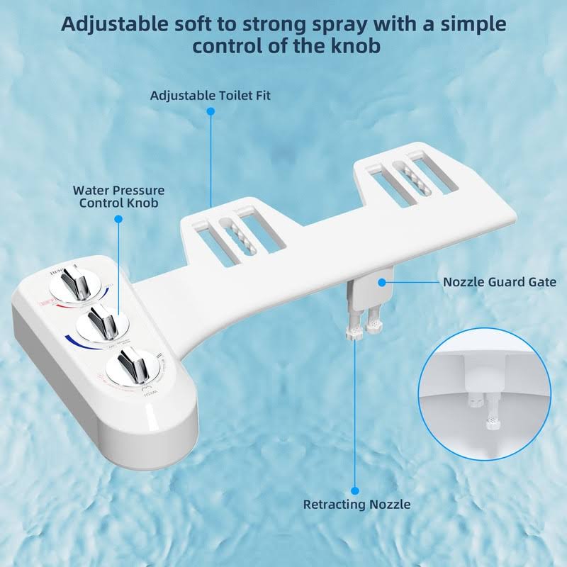 Hibbent Toilet Seat Bidet with Self Cleaning Dual Nozzle, Hot and Cold Water Spray Non-Electric Mechanical Bidet Toilet Attachment for Rear or