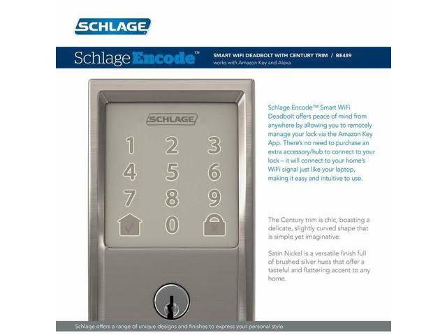 Schlage Encode Smart WiFi Deadbolt with Century Trim in Satin Nickel (BE489WB Cen 619)