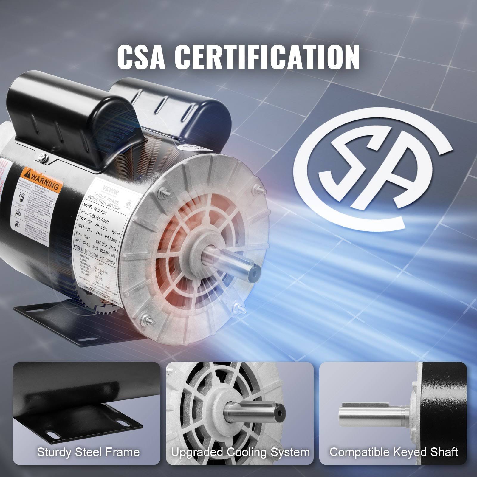 VEVOR 5HP SPL Air Compressor Electric Motor, 230V 15.0Amps, 56 Frame 3450RPM, 5/8