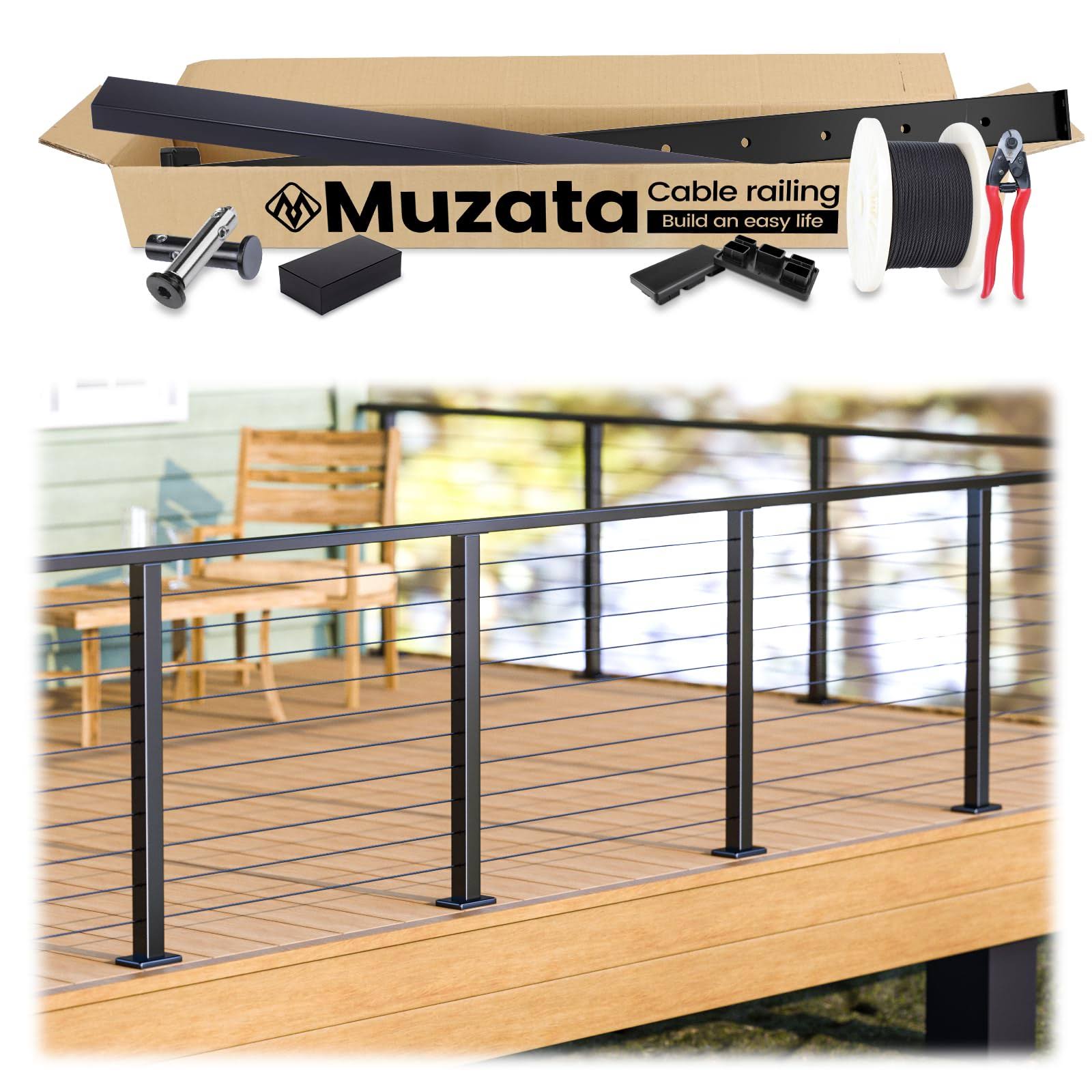 Muzata 19.5ft / Black- Surface Mount Complete Set Cable Railing System, One Stop Service All-in-One DIY Kit Fit