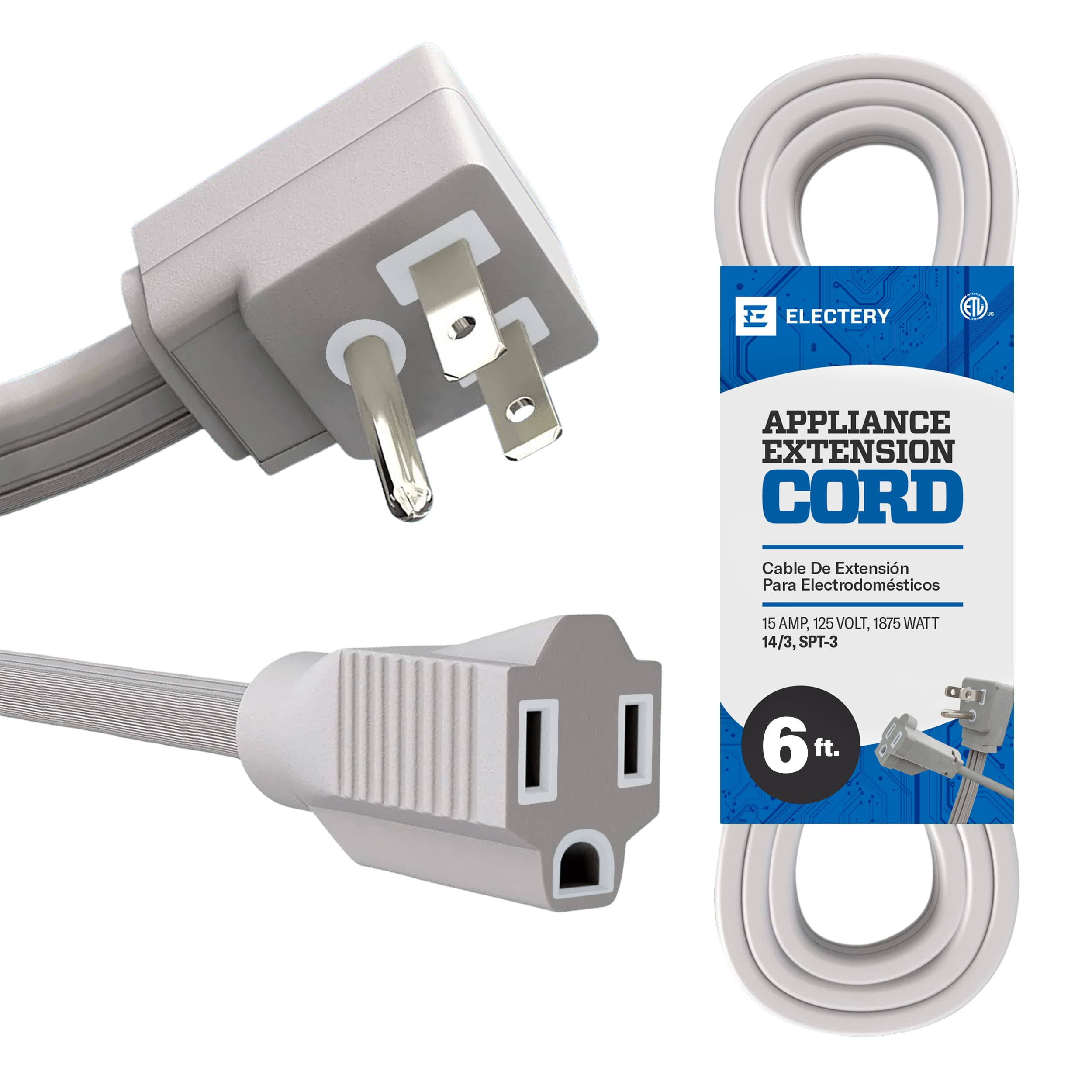 ELECTERY Heavy Duty Appliance Extension Cord, 14 AWG- 3 Prong Grounded Flat Plug, Gray Power Wire for Indoor Air Conditioner and All Major