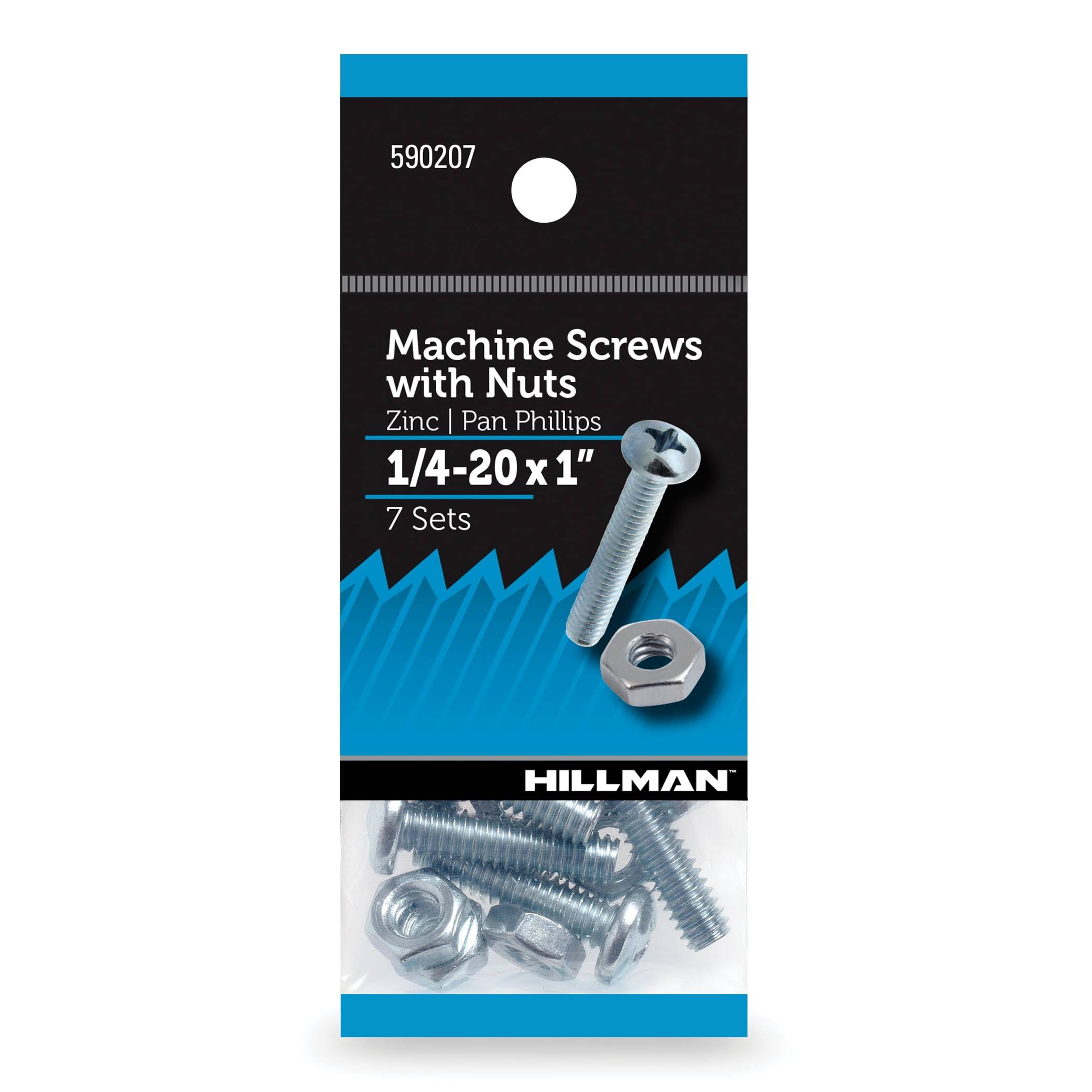 The Hillman Group, Pan Head Phillips Machine Screw 1/4-20 x 1 inch, Zinc, Steel, 7 Sets, Size: 1/4-20 x 1 inch