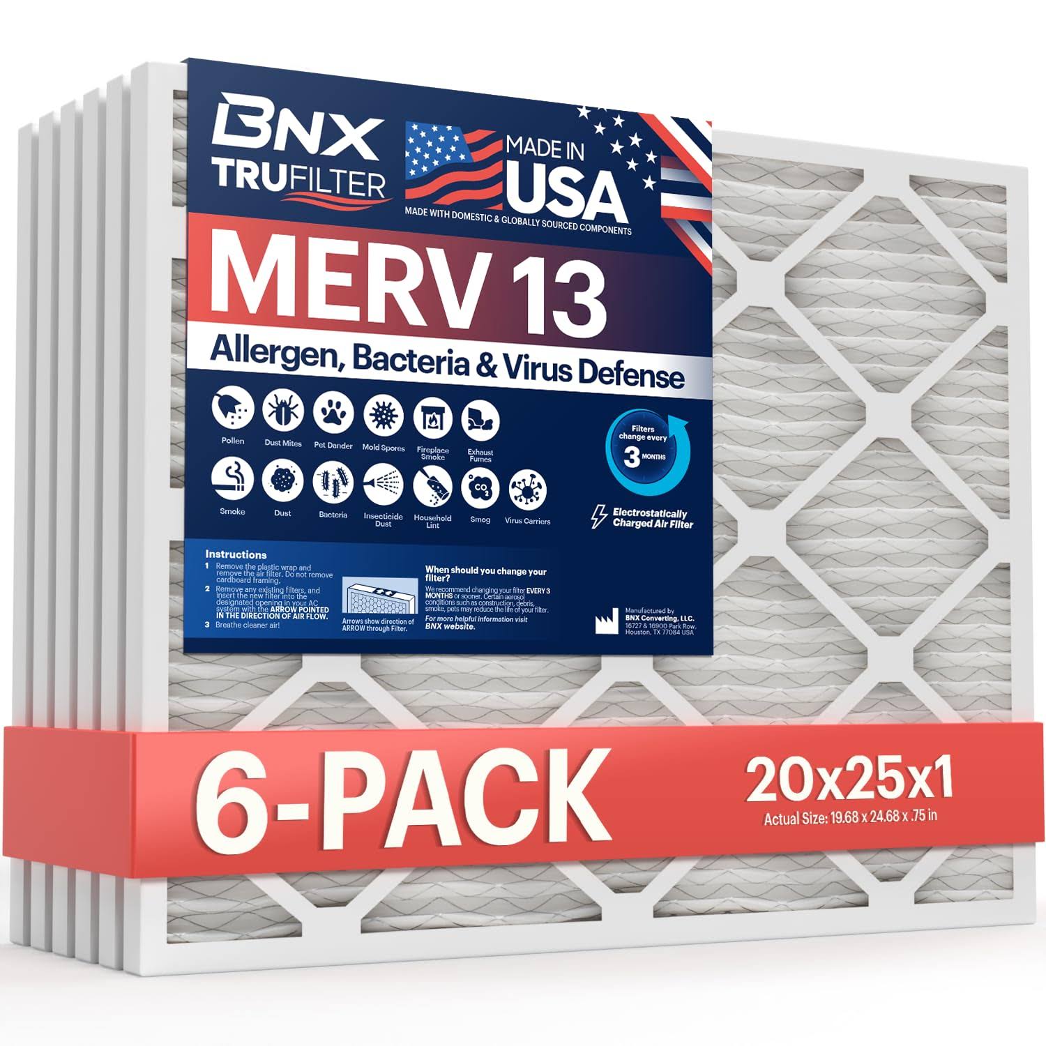 BNX TruFilter 20x25x1 Air Filter MERV 13 (6-pack)- Made in USA- Electrostatic Pleated Air Conditioner HVAC AC Furnace Filters