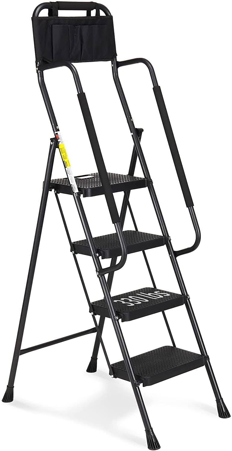HBTower 4 Step Ladder with Handrails, Folding Step Stool with Attachable Tool Bag & Anti-Slip Wide Pedal for Home Kitchen Pantry Office, 330lbs