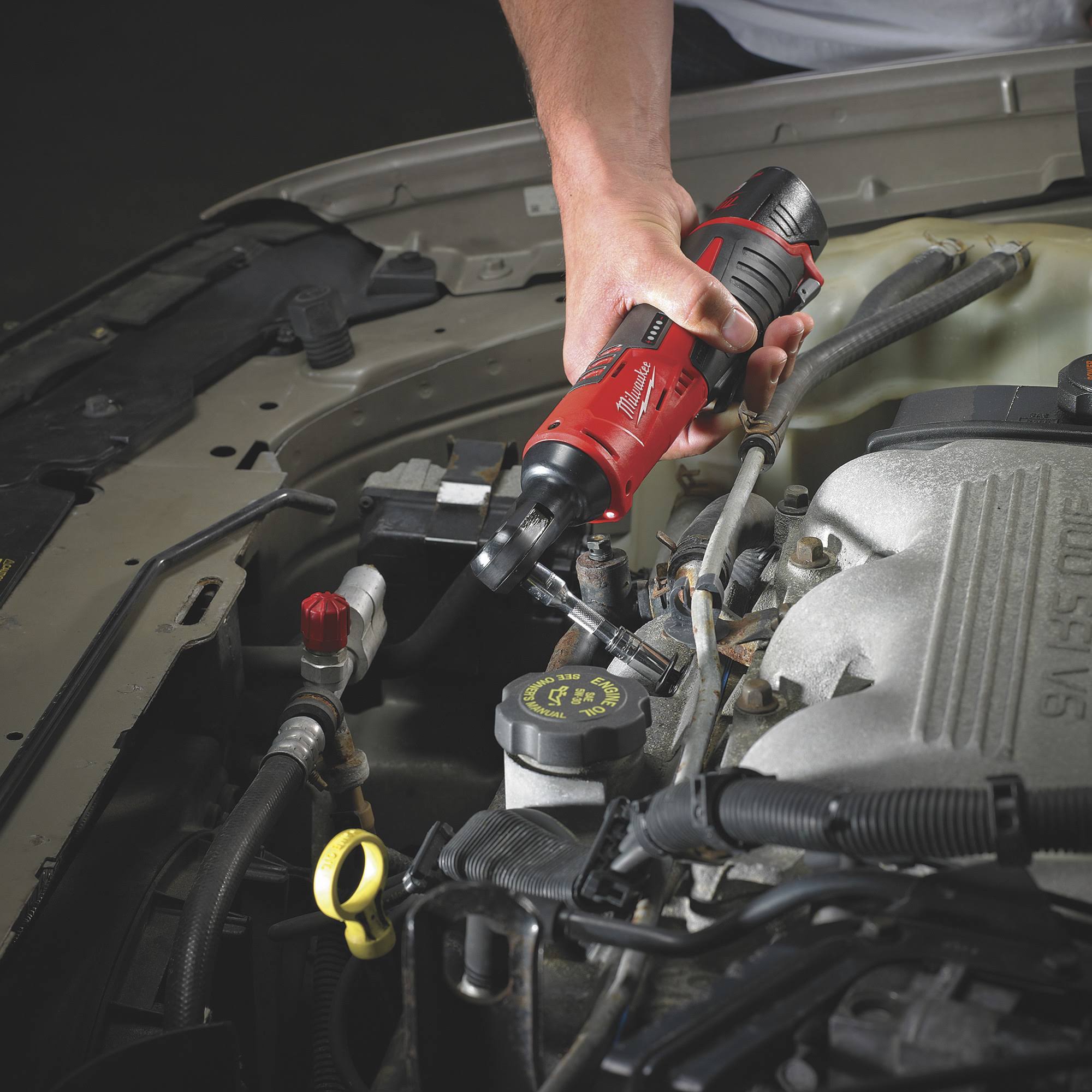 Milwaukee M12 Lithium-Ion Cordless Automotive Ratchet Set- 3-8inch Ratchet, LED