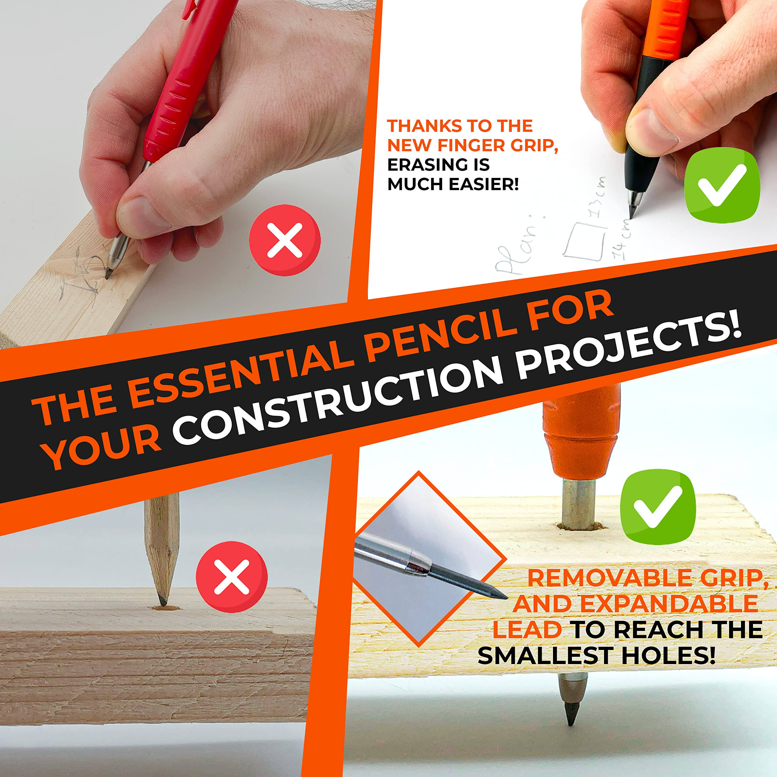 Thorvald Carpenter Pencils Set for Carpenter- Incl. 7 Leads + Sharpener + Finger Grip- Solid Mechanical Pencils with Fine Point/Best Marking Tools