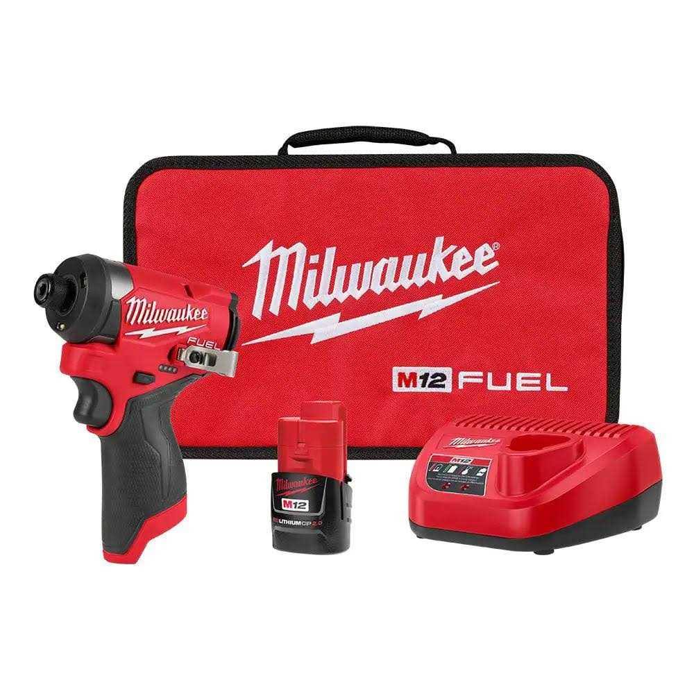 Milwaukee 3453-21 M12 Fuel 12-Volt Lithium-Ion Brushless Cordless 1/4 in. Hex Impact Driver Compact Kit W 2.0Ah Battery and Bag