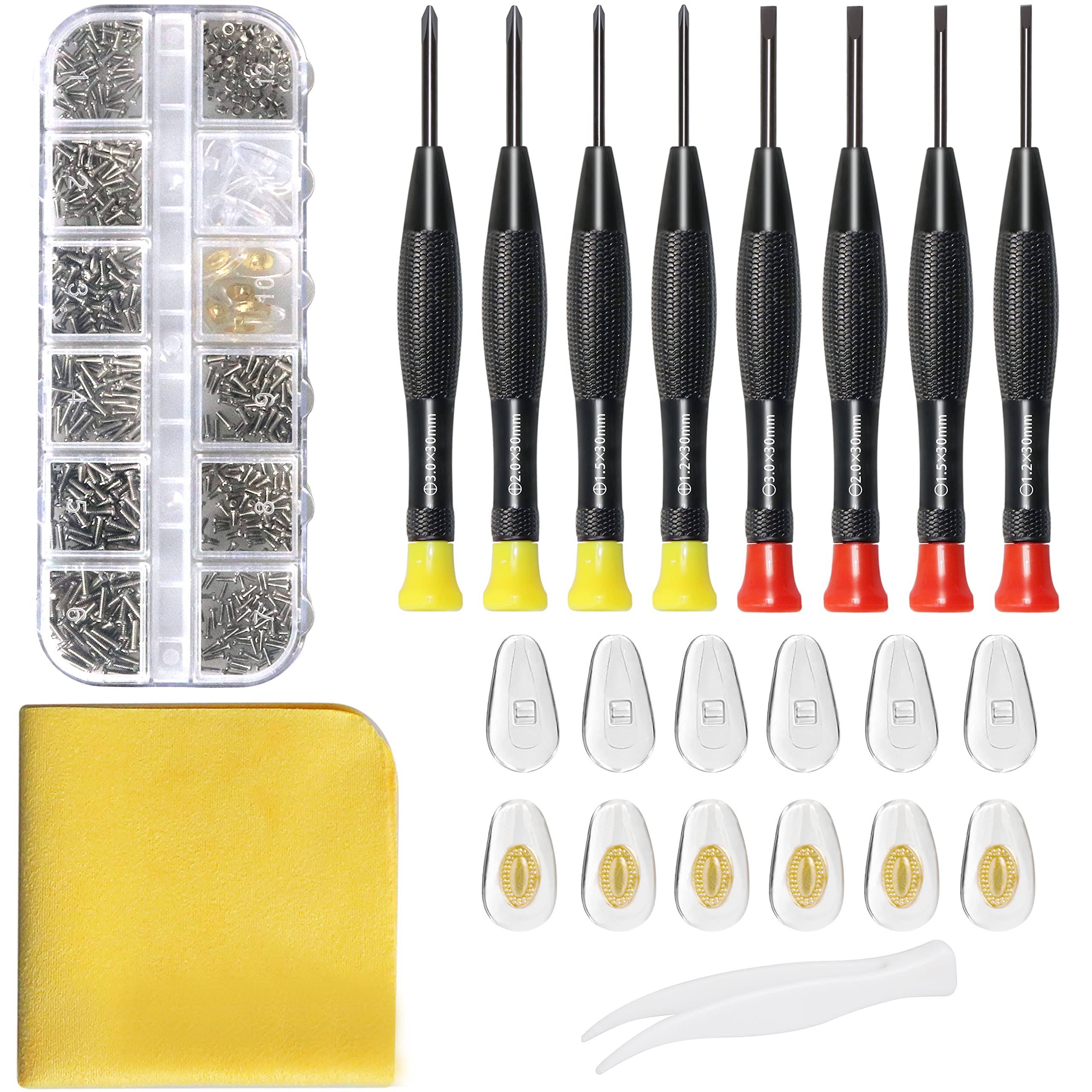 Mearun Solar Eyeglass Repair Kit with Glasses Screws- Contains Precision Screwdriver Kit and Nose Pads, Cleaning Cloth, Tweezers, Complete Glasses