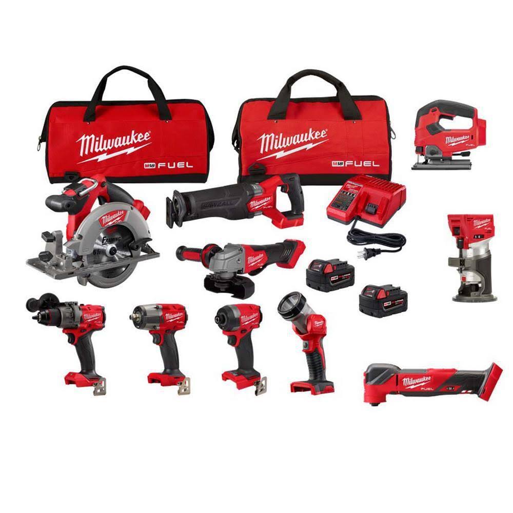 Milwaukee M18 Fuel 18V Lithium-Ion Brushless Cordless Combo Kit w/(2) 5.0Ah Batteries, Charger & (2) Tool Bags (10-Tool)