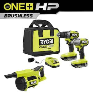 Ryobi One+ HP 18V Brushless Cordless 1/2 in. Drill/Driver and Impact Driver Kit w/ (4) 2.0 Ah Batteries, Charger, and Bag