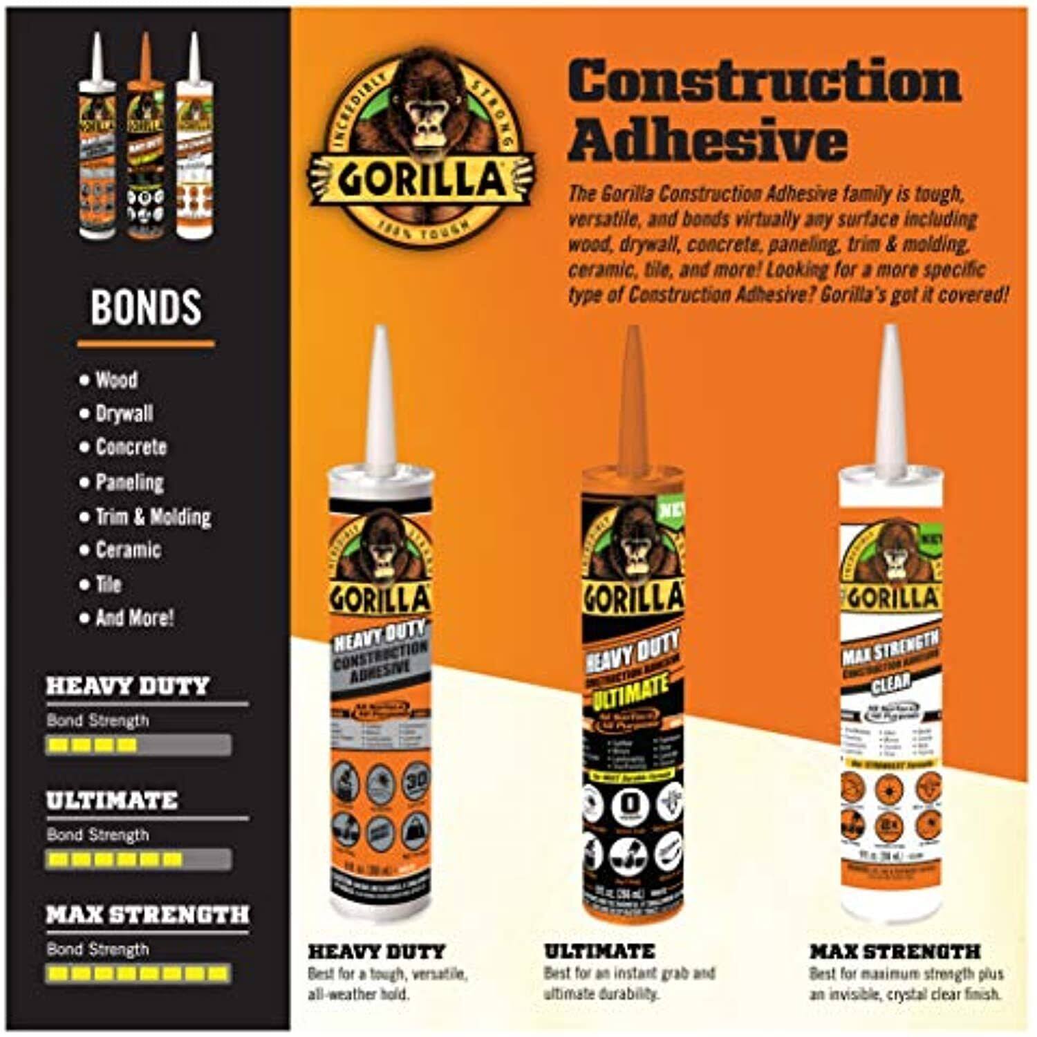 Gorilla 9 oz. Clear Max Strength Construction Adhesive