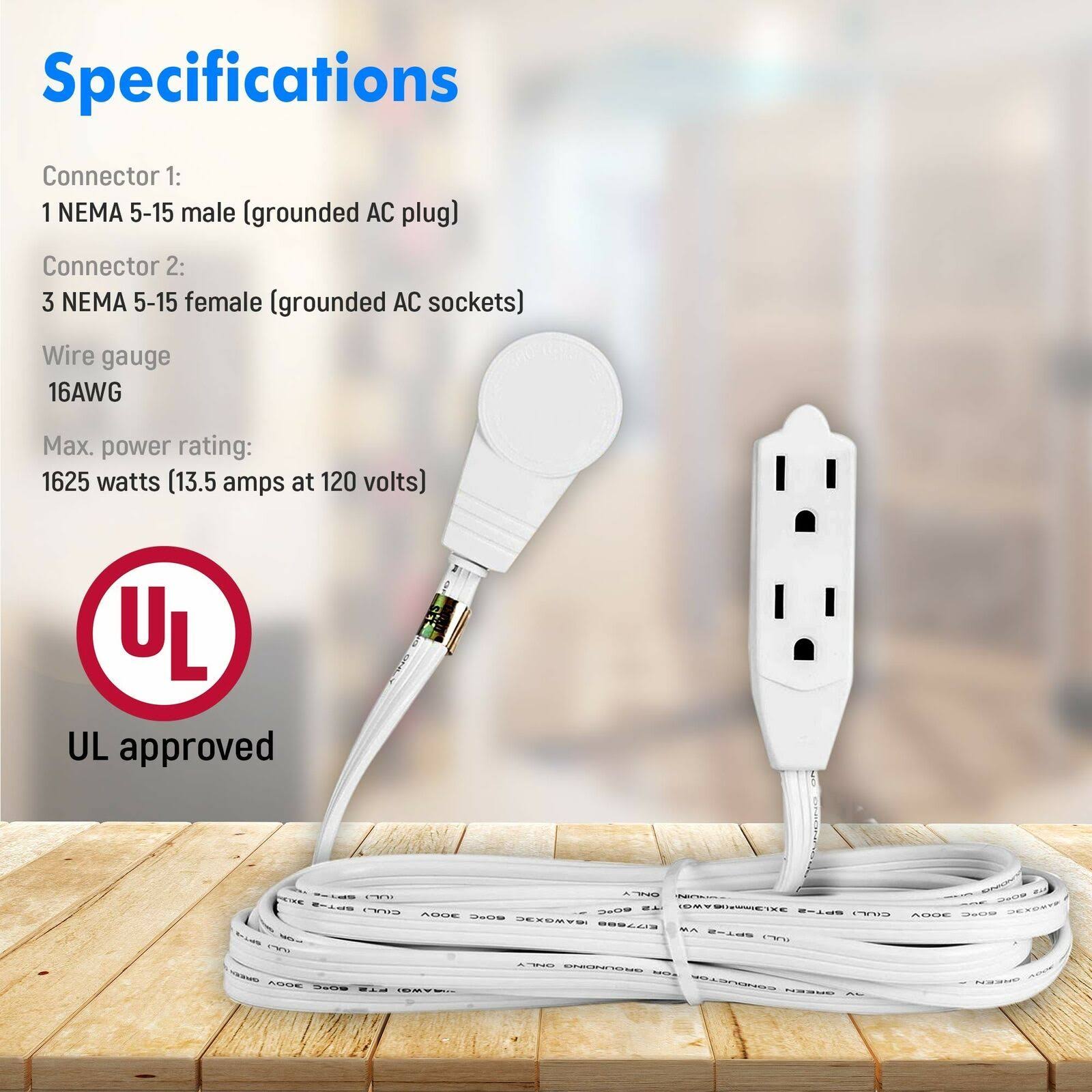 Maximm Cable 6 ft 360 Rotating Flat Plug Extension Cord/Wire, 16 AWG Multi 3 Outlet Extension Wire, 3 Prong Grounded Wire White UL Listed