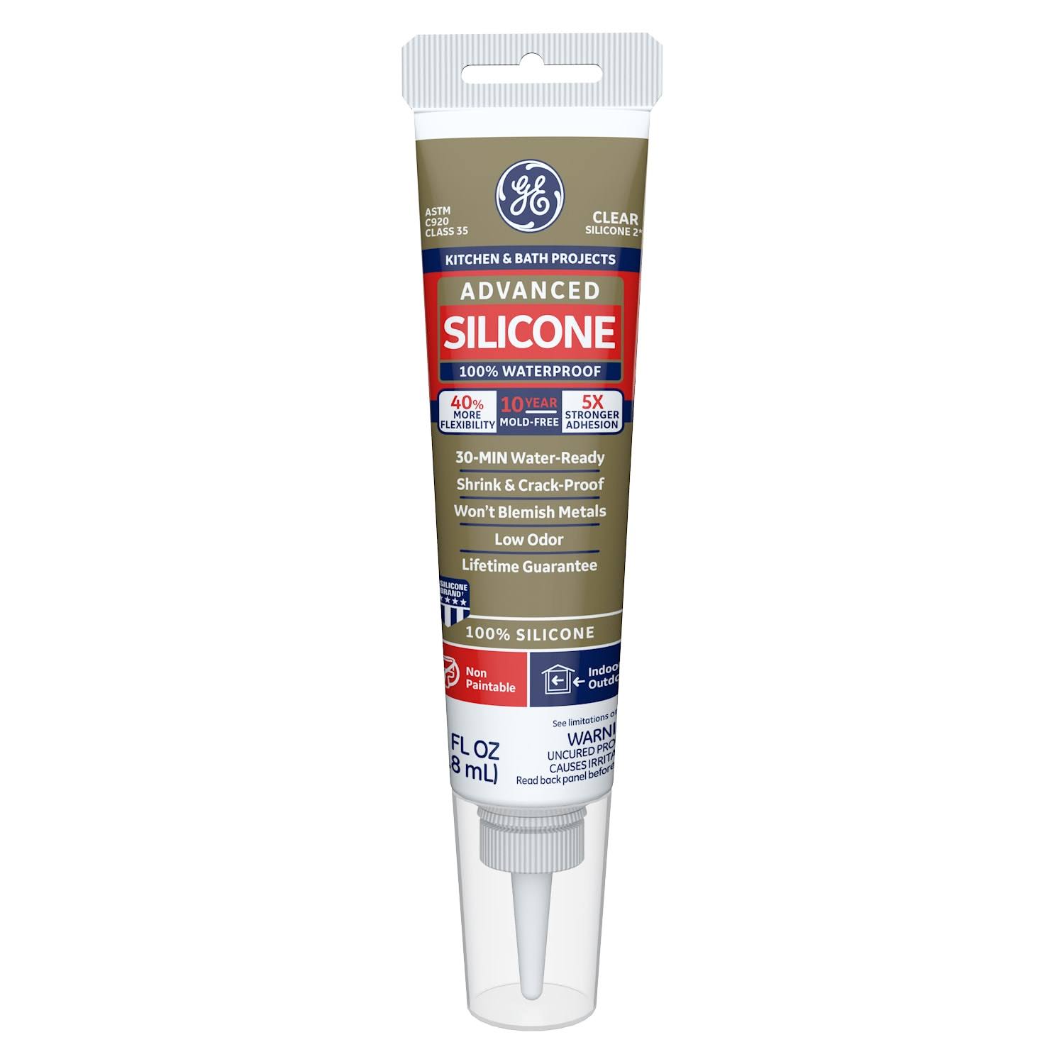 GE Advanced Silicone Kitchen & Bath Sealant, Clear, 2.8 oz. Tube