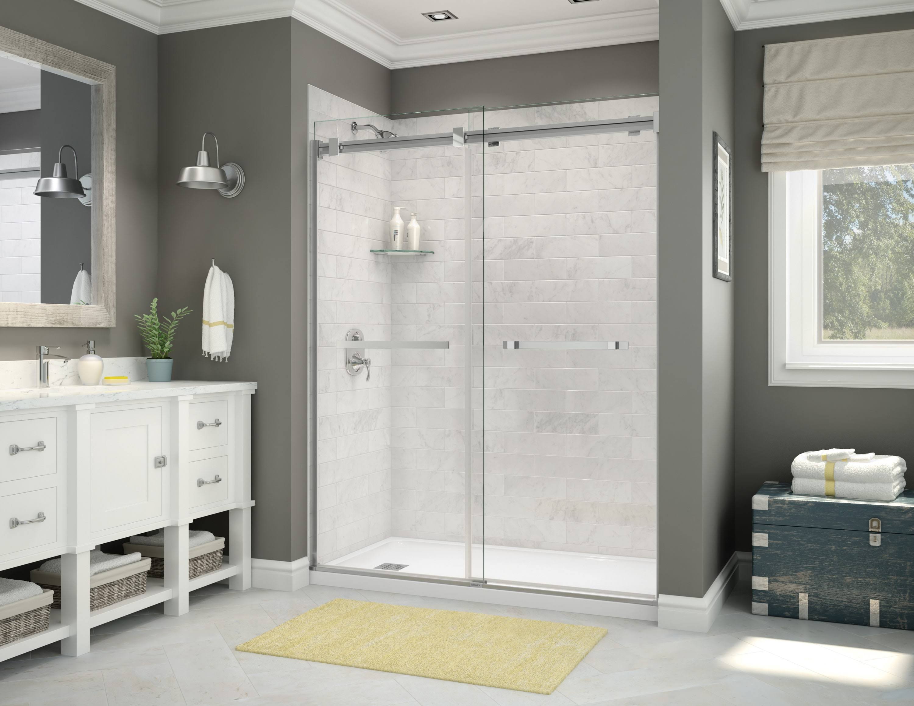 Maax Utile Marble Carrara 5-Piece 32-in x 60-in x 83-in Base/Wall/Door Rectangular Alcove Shower Kit (Left Drain) Drain Included in White