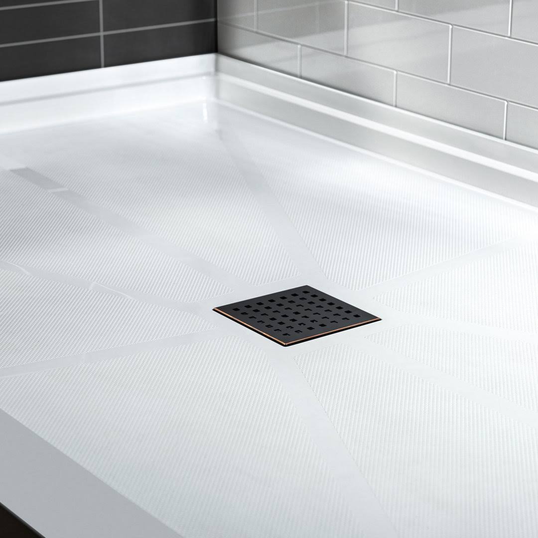 Woodbridge Krasik 48 in. L x 32 in. W Alcove Solid Surface Shower Pan Base with Center Drain in White with Oil Rubbed Bronze Cover, White with Oil