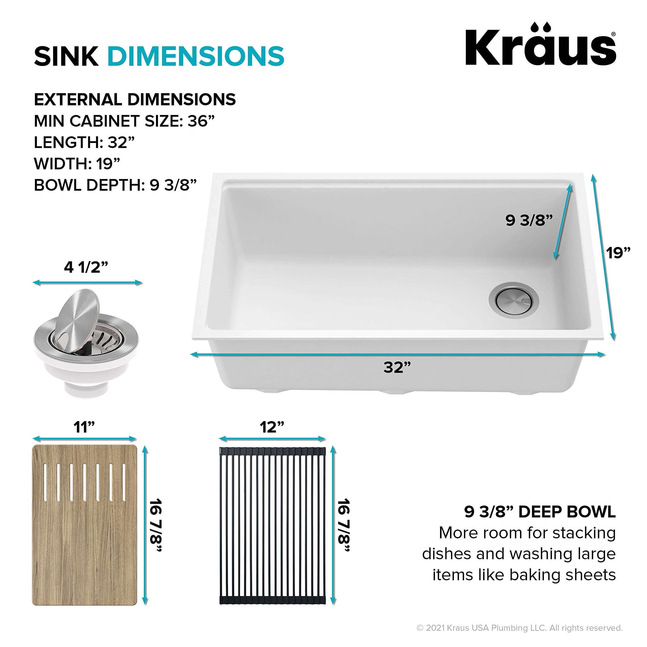 Kraus KGUW1-33WH Bellucci Workstation Undermount Granite Composite Single Bowl Kitchen Sink with Accessories 33 inch White