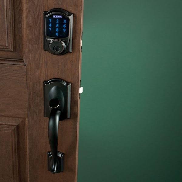 Schlage Camelot Aged Bronze Connect Z-Wave Plus Smart Deadbolt and Camelot Handleset with Accent Lever with Camelot Trim