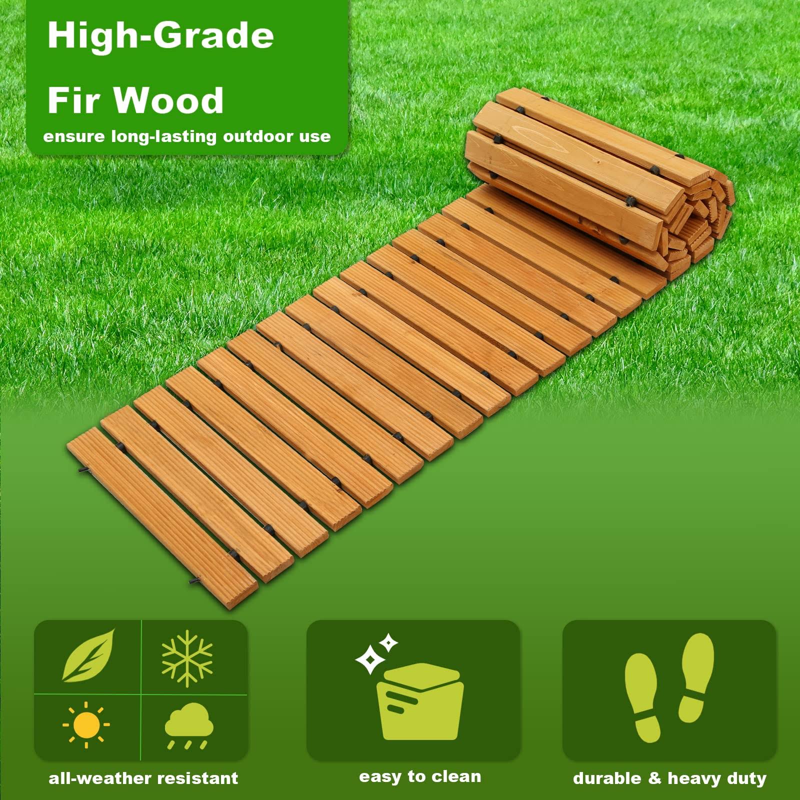 LINSHRY 8ft Wooden Garden Pathway, Outdoor Roll Out Decorative Garden Walkway, Weather-Resistant Non-Slip Wooden Walkway Pavers for Garden, Backyard