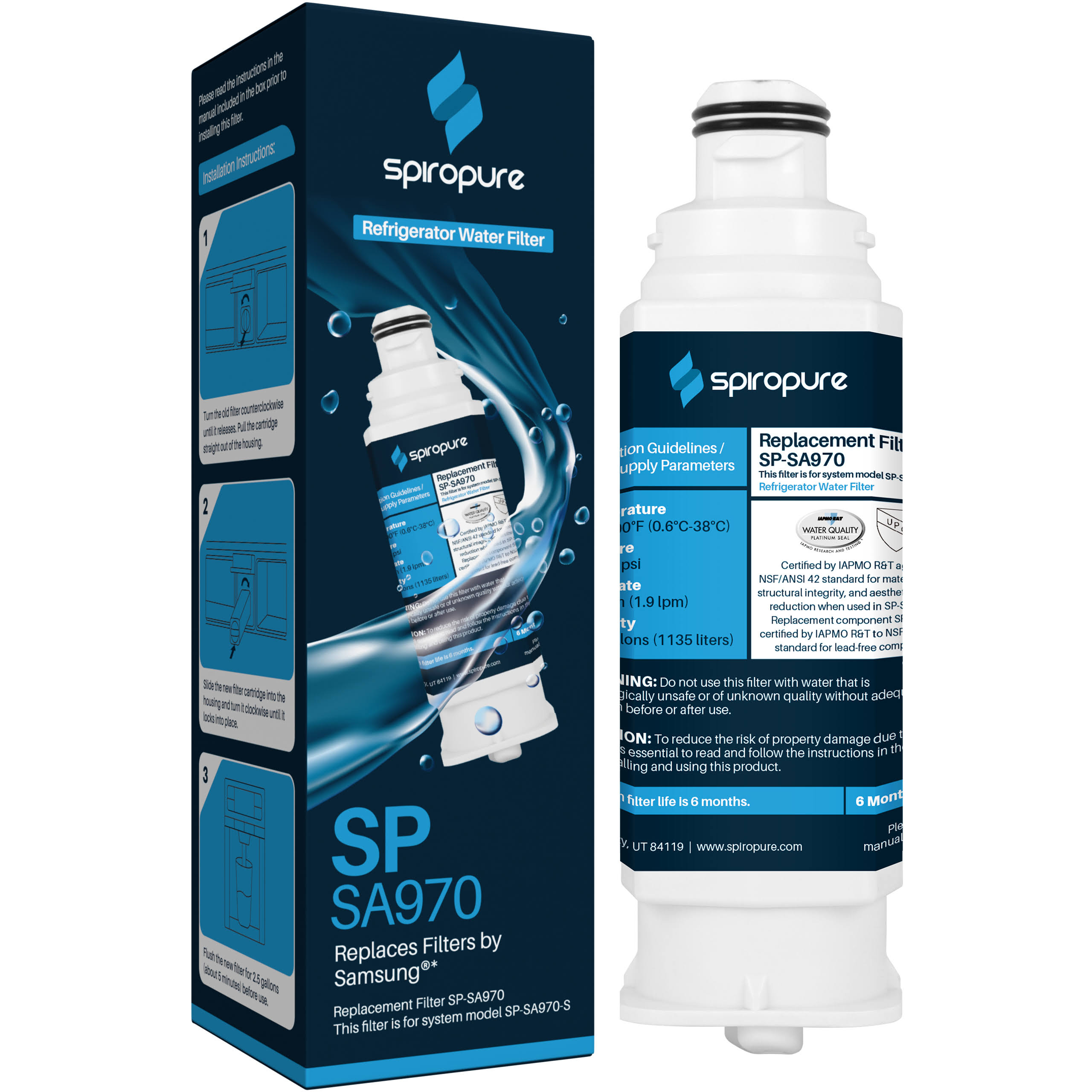 SpiroPure SP-SA970 NSF Certified Refrigerator Water Filter Replacement HAF-QIN, Da97-17376b, HAF-QIN/EXP, DA97-08006C, AQF-DA97-17376B, DA97-08007C,