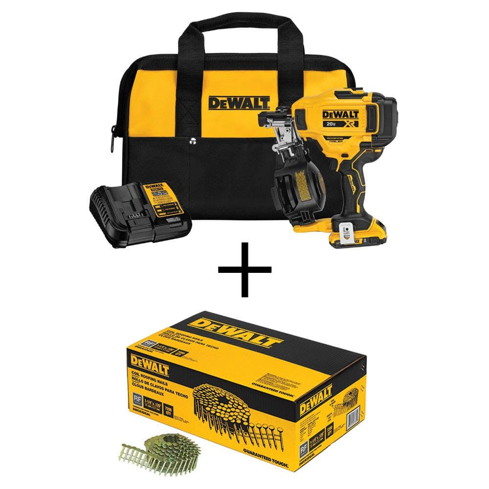 DeWalt 20V Max Lithium-Ion 15-Degree Cordless Roofing Nailer Kit with 1-1/4 in. x 0.120-Gauge Coil Roofing Nails (7,200-Pack)