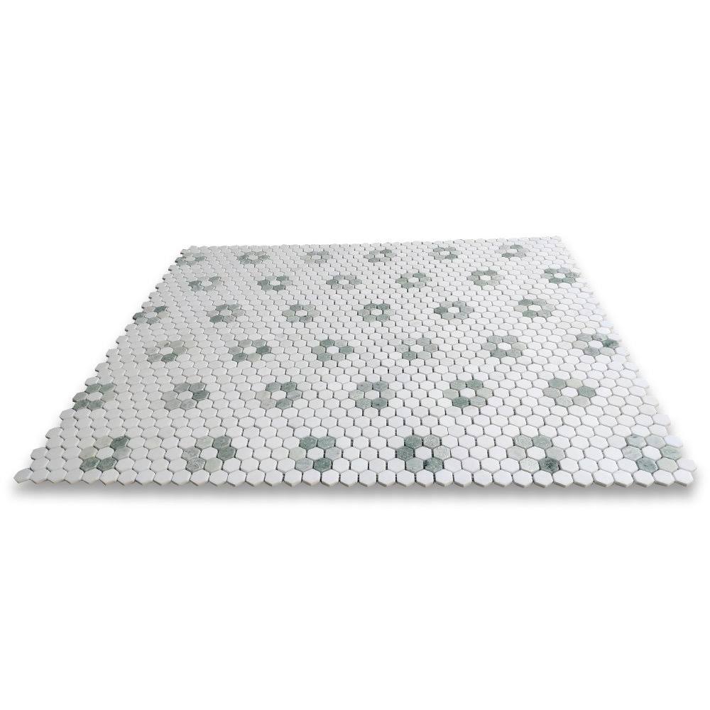 Ming Green Thassos White Rosette Marble Hexagon Mosaic Tile Polished