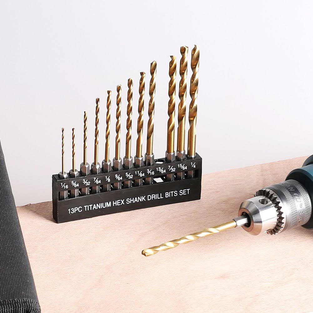 COMOWARE Titanium Twist Drill Bit Set- 13 Pcs Hex Shank High Speed Steel for Steel Wood Plastic Aluminum Alloy, 1/16 inch-1/4 inch