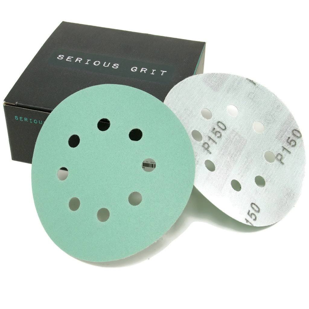 Serious Grit- 5-Inch 8-Hole 120 Grit Sanding Discs- Heavy-Duty Hook & Loop Film Discs- Sandpaper for Random Orbital Sanders- 50 Pack Box