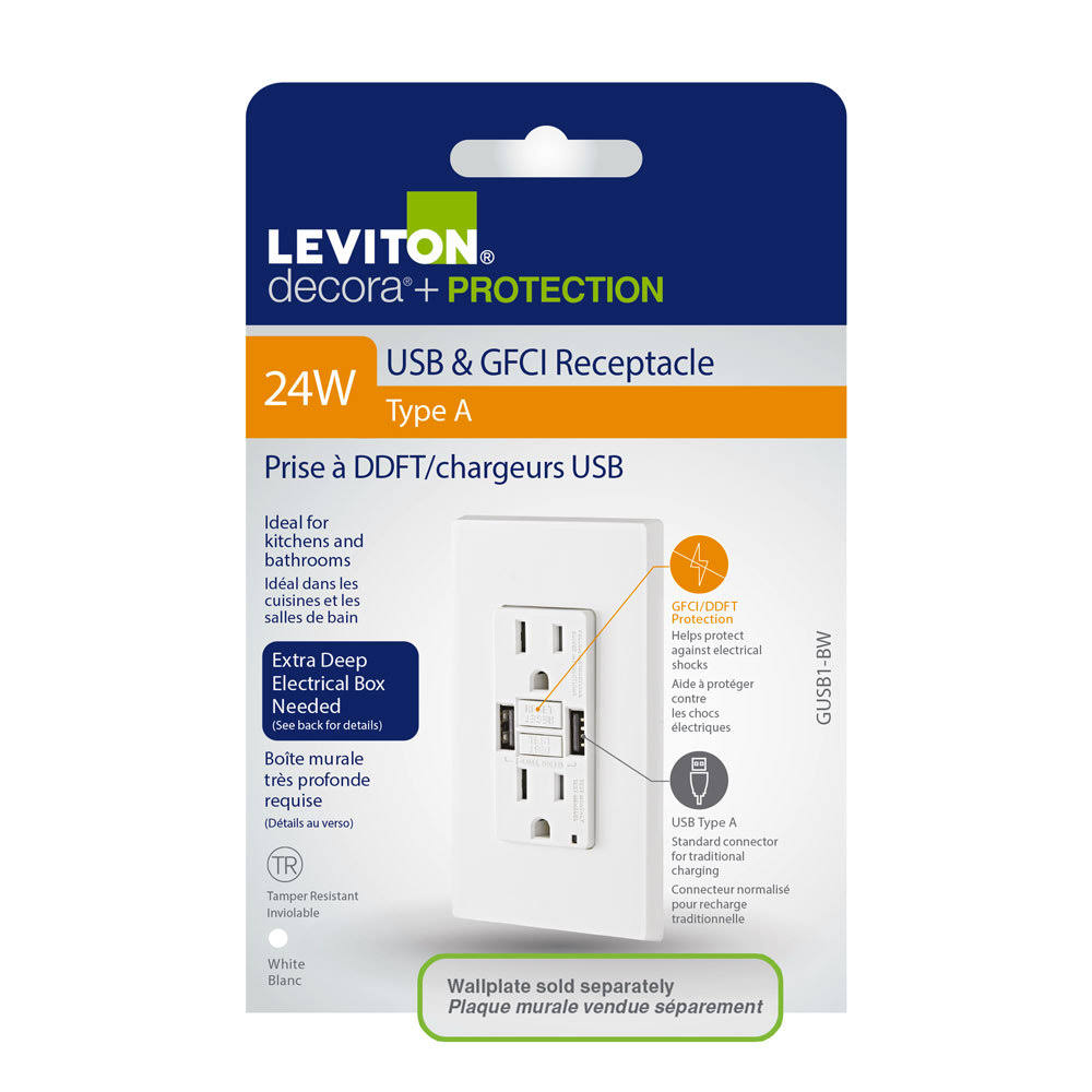 Leviton 15 Amp SmartLock Pro Self-Test GFCI Combination 24-Watt (4.8 Amp) Type A USB In-Wall Charger Duplex Outlet, White