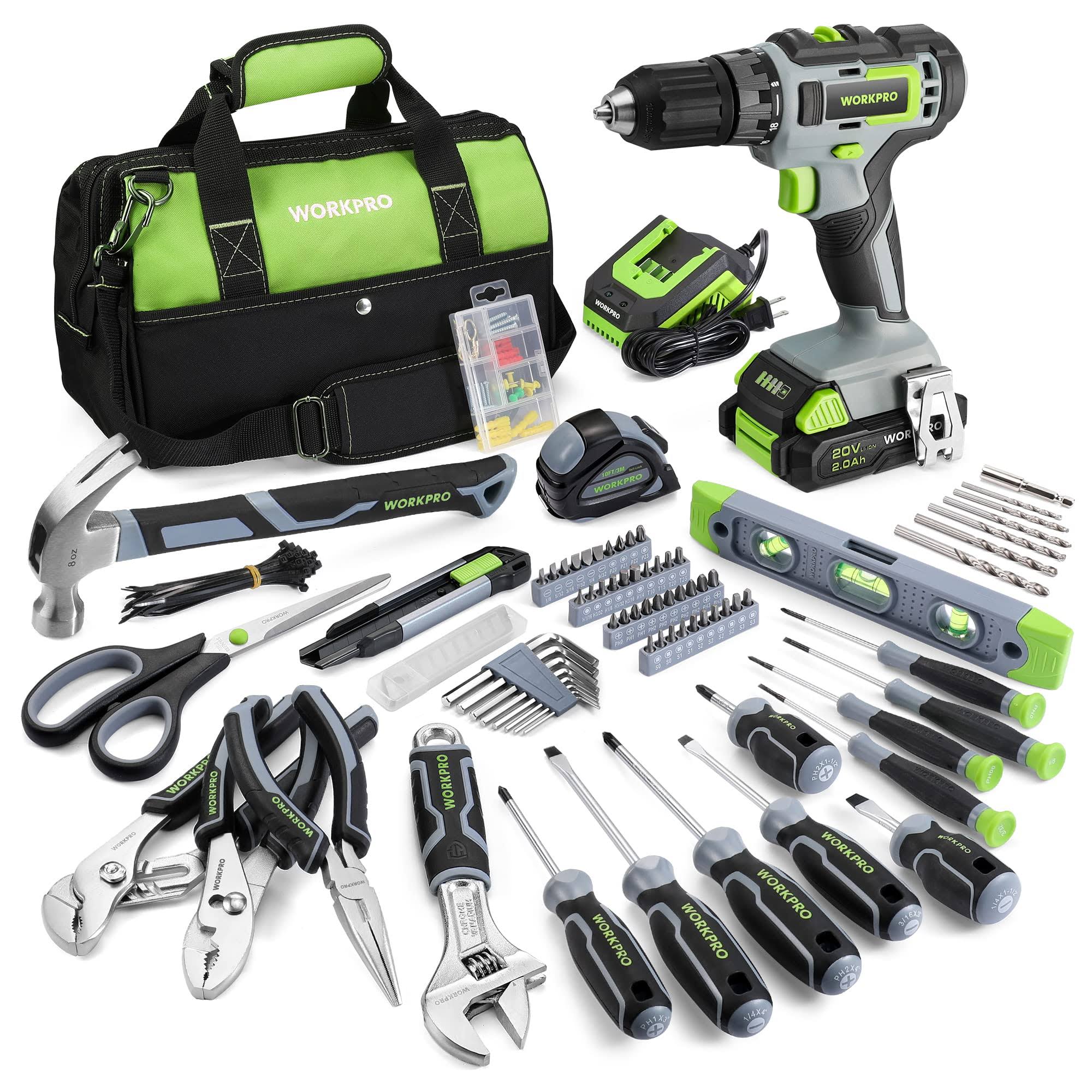 WorkPro Home Tool Set with Power Drill, 157pcs Power Drill Sets with 20V Cordless Lithium-Ion Drill Driver, Home Tool Kit for All Purpose, Cordless