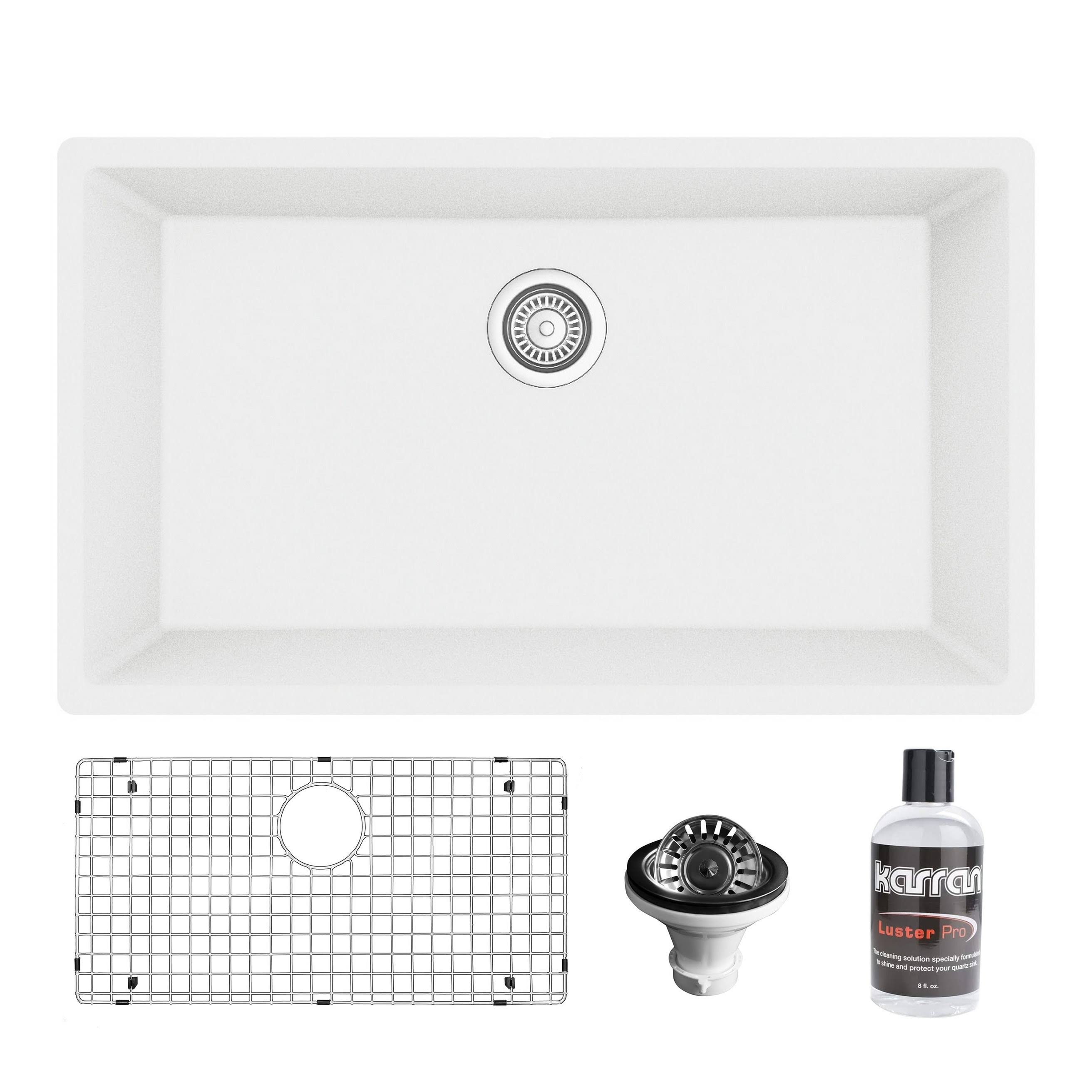 Karran QU-812 PK1 Undermount 32.5 in. Large Single Bowl Quartz Kitchen Sink Kit in White