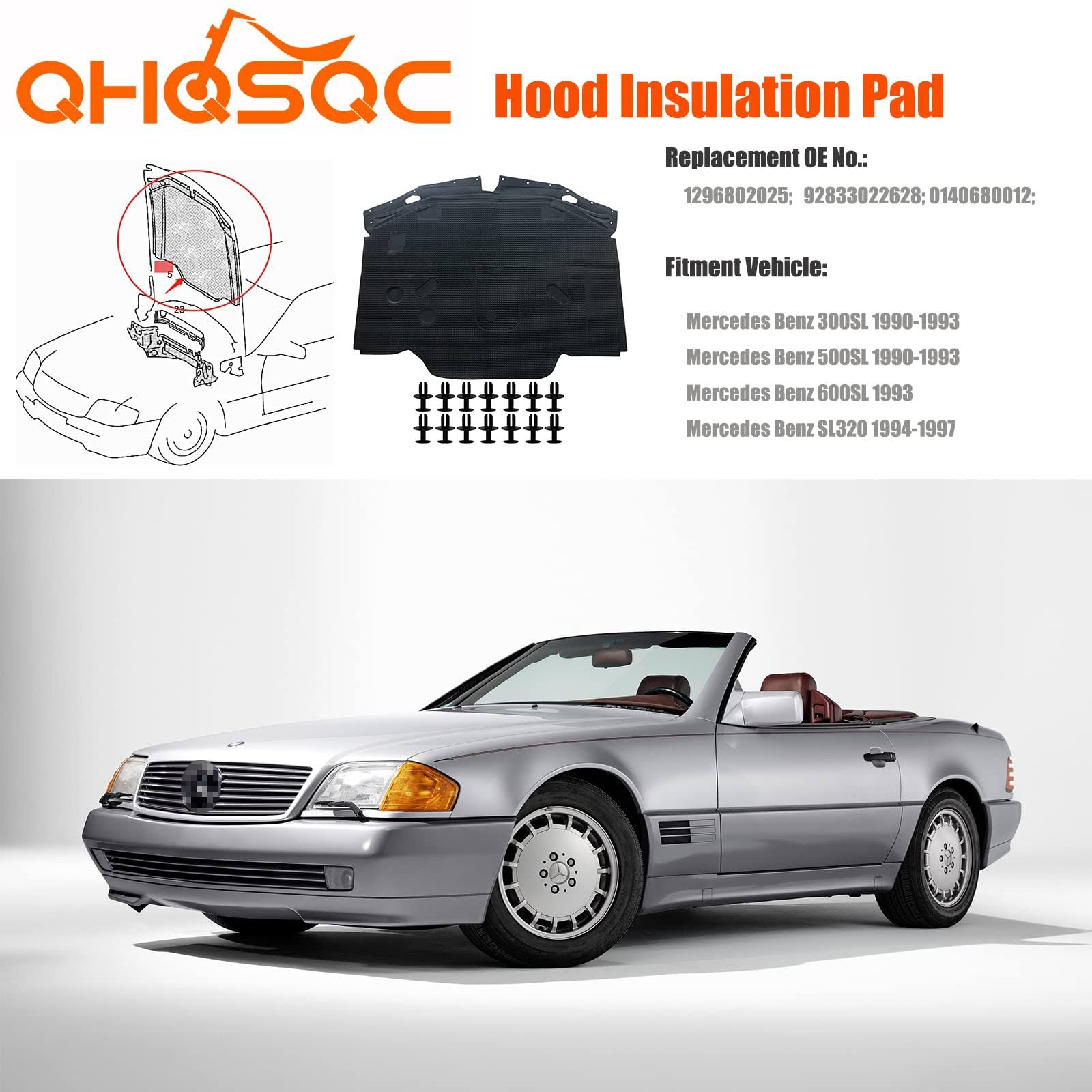 QHQSQC Hood Insulation Pad Heat Shield Sound Deadening Hood Heat Liner for Benz SL320 SL500 R129 SL600 1296802025 A1296802025