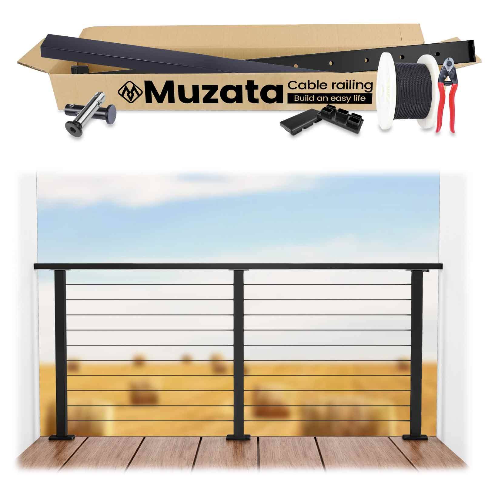 Muzata 6.5ft / Black- Surface Mount Complete Set Cable Railing System, One Stop Service All-in-One DIY Kit Fit