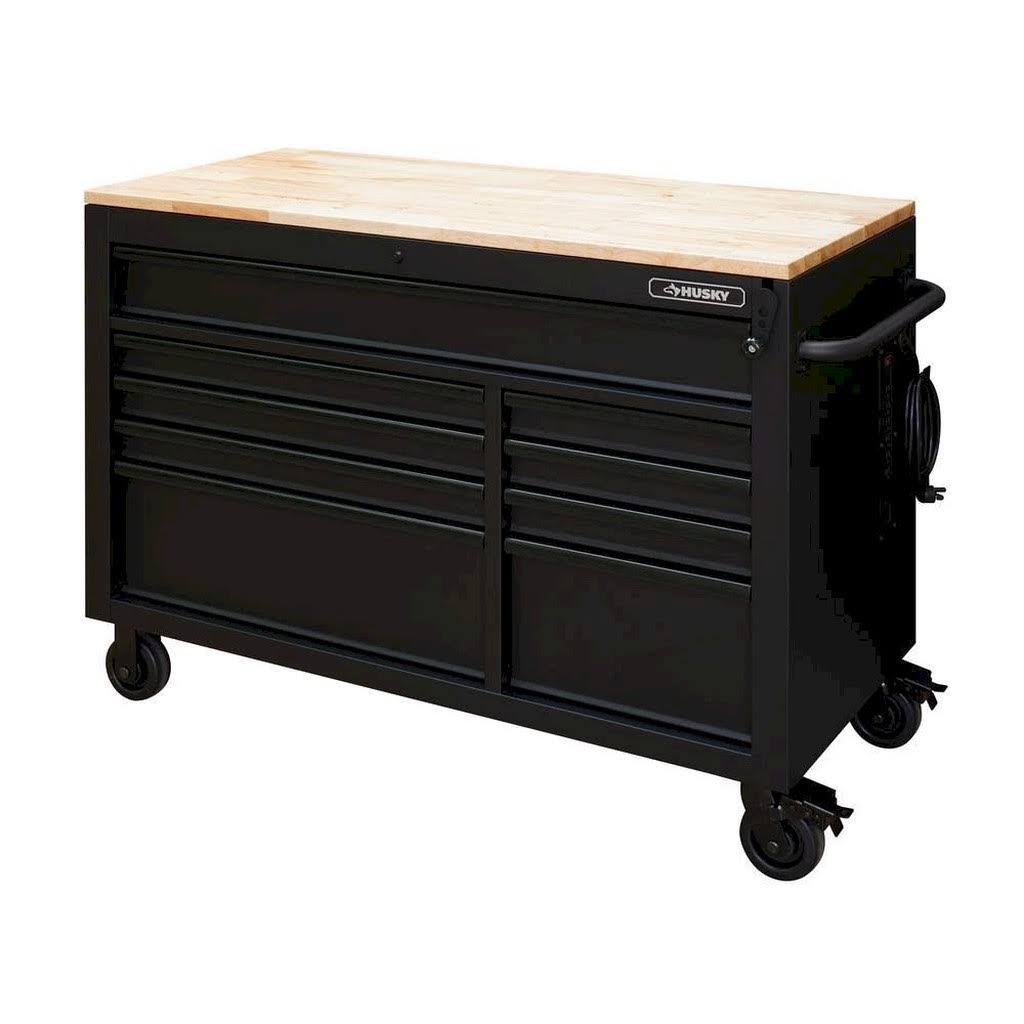 Husky Heavy-Duty 52 in. W 9-drawer, Deep Tool Chest Mobile Workbench in Matte Black with Adjustable-Height Hardwood Top