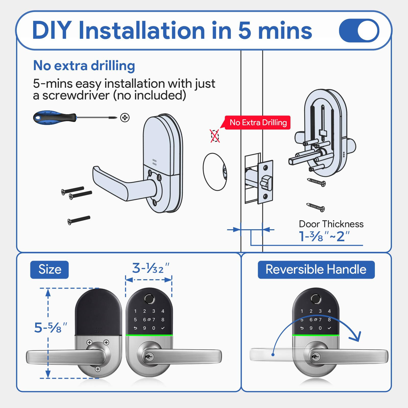 Smart Door Lock with Handle: Keypad Door Lock for Front Door- Keyless Entry Door Lock- Fingerprint Door Lock- Biometric Door Lock- Electronic