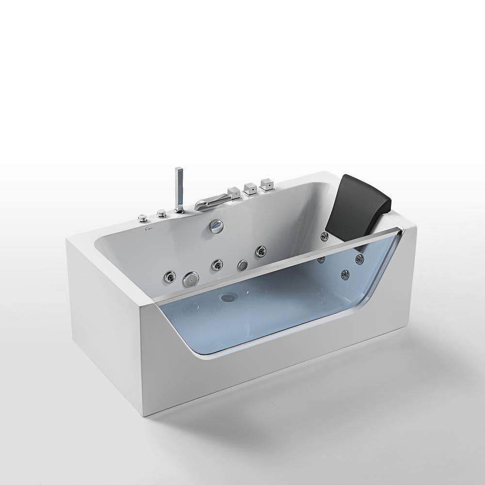 Empava 59 in. Acrylic Center Drain Rectangular 3-Wall Alcove Whirlpool Lighted Bathtub in White with Water Jets- Tub Filler