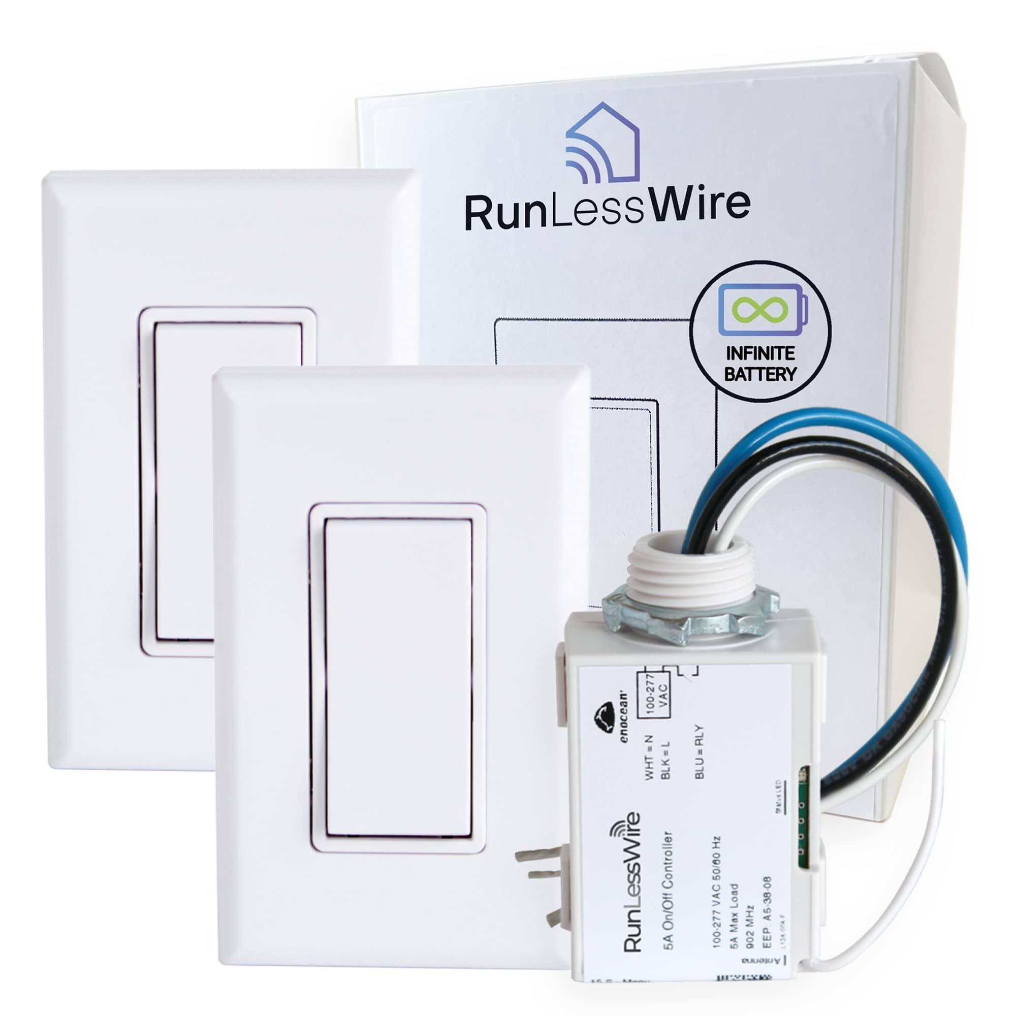 RunLessWire 3-Way Wireless Light Switch Kit- 1 Receiver, 2 Light Switches- White