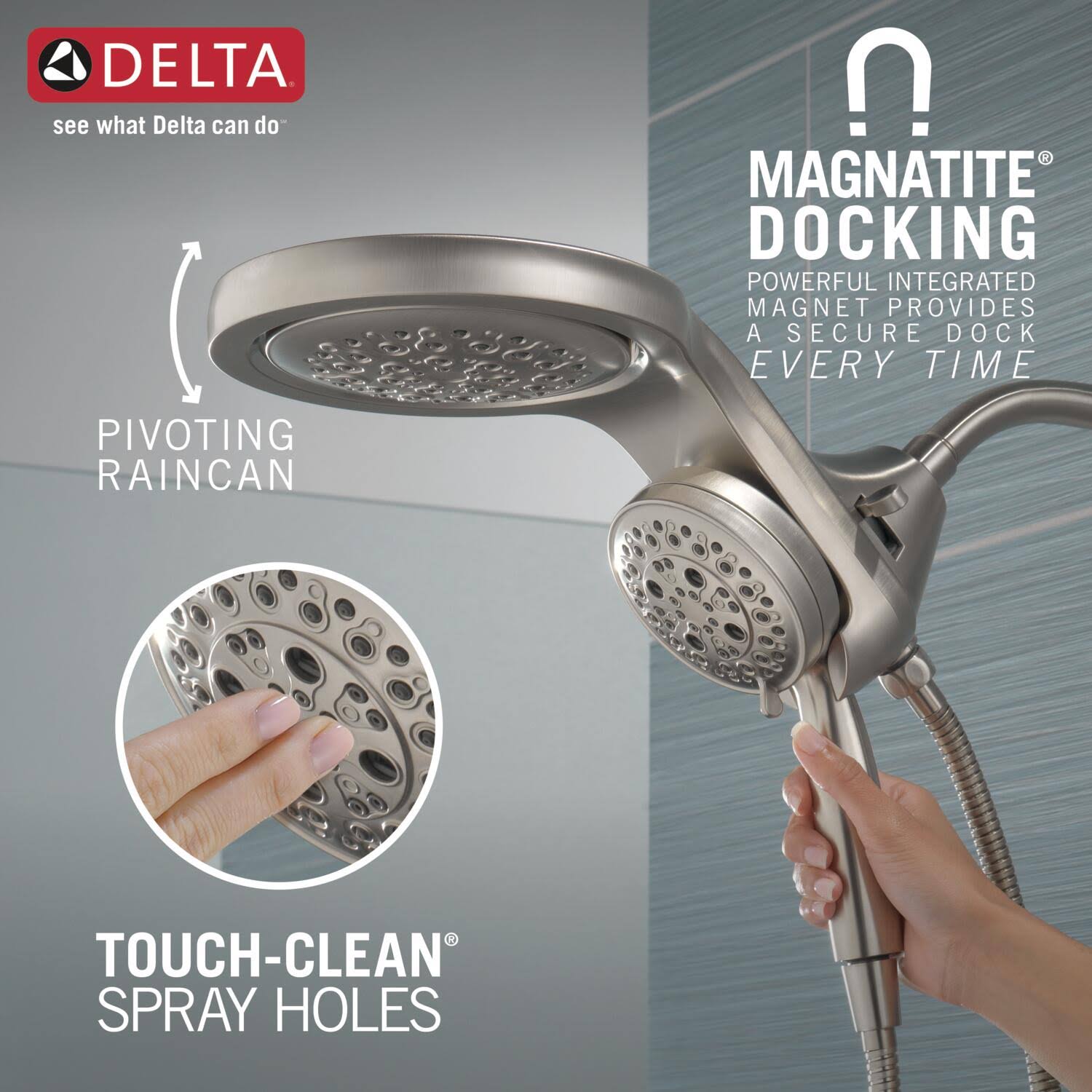 Delta Hydrorain Universal Showering 2.5 GPM Multi Function Shower Head- Lumicoat Stainless