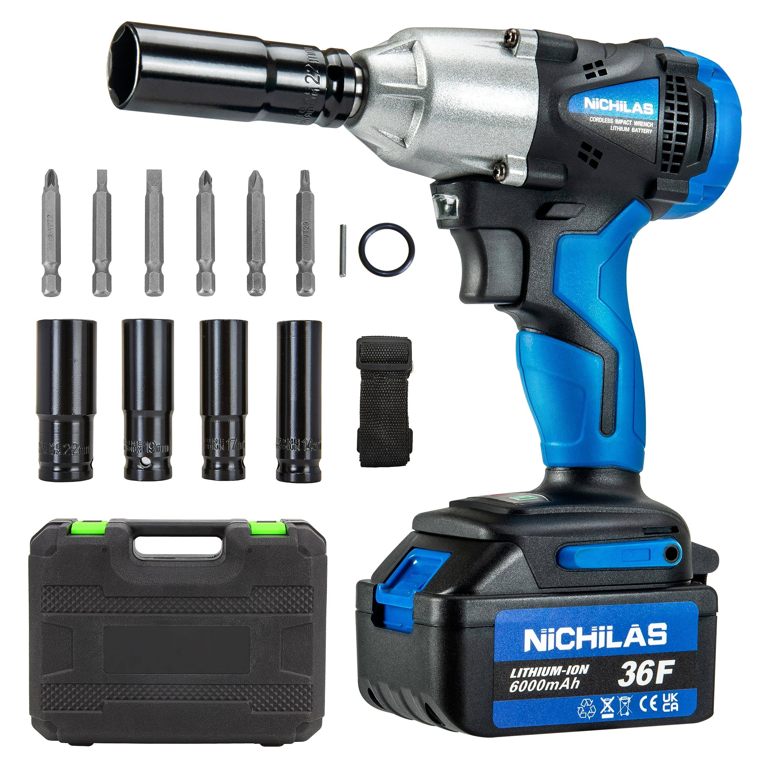 Nichilas Cordless Impact Wrench 2 in 1 Screwdriver Head 21V Electric Power Wrench 420nm High Torque 4 Pole Motor Included Battery & Charger &