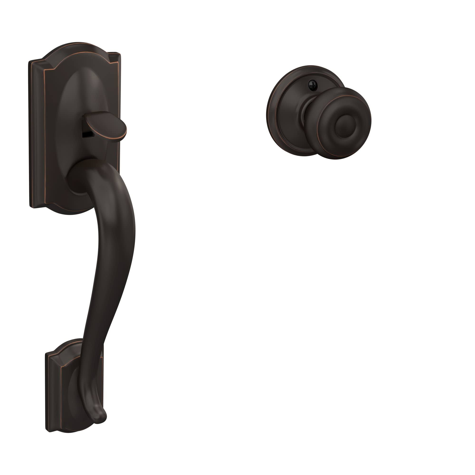 Schlage Fe285 Cam Geo 716 Camelot Front Entry Handle with Georgian Interior Knob Aged Bronze
