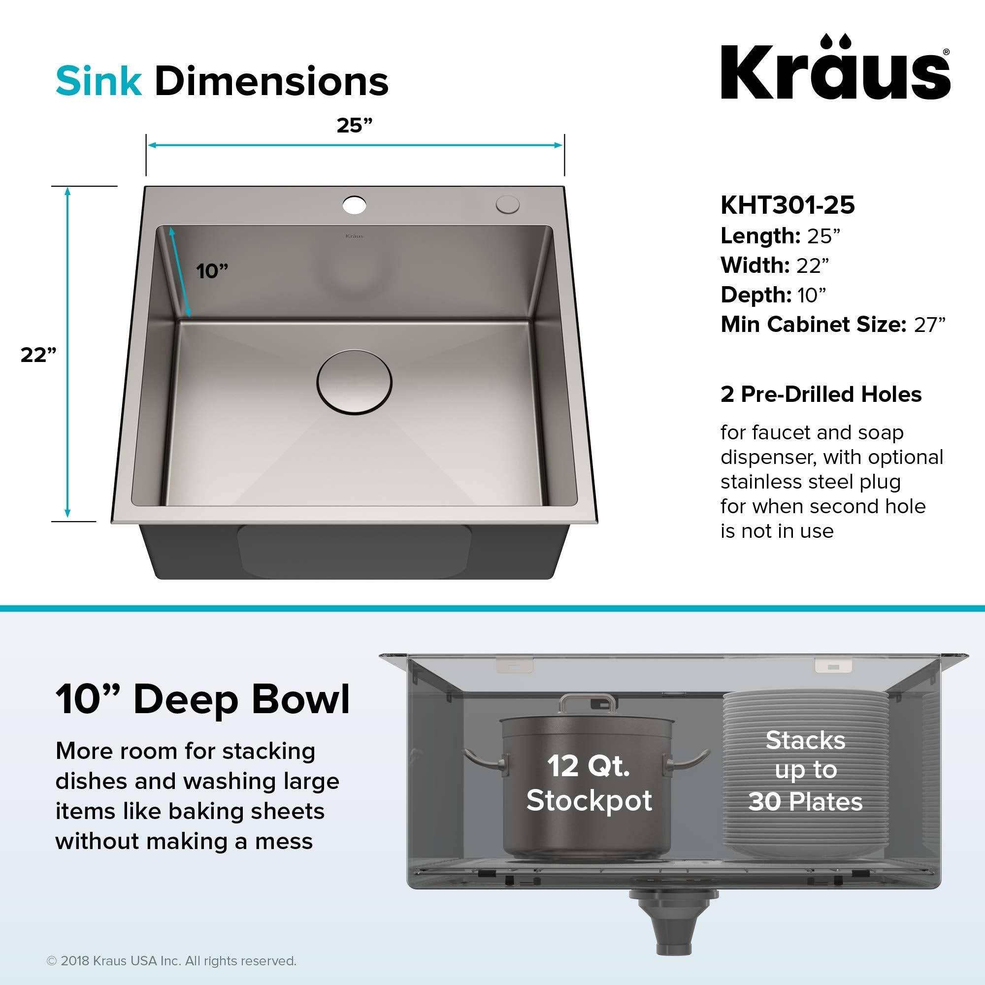 Kraus Standart Pro Drop-In 25-in x 22-in Stainless Steel Single Bowl 2-Hole Kitchen Sink | KHT301-25