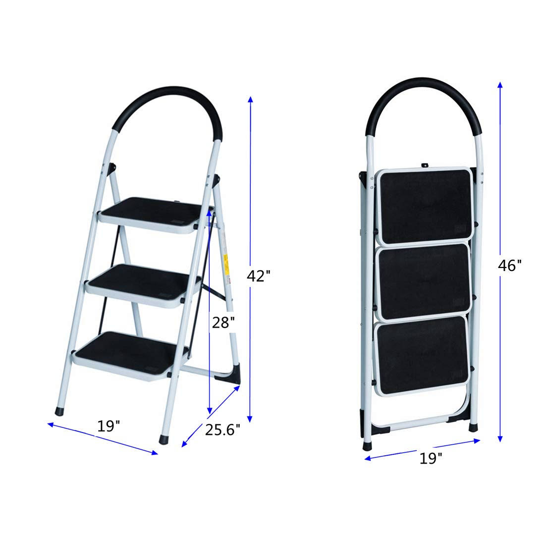 Good Life En131 Folding 3 Step Ladder Home Depot Steel Step Ladders Lightweight 300 lb Capacity with Hand Grip Anti-Slip and Wide Pedal (3 step)