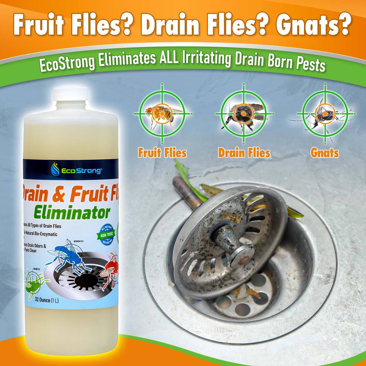 Fruit Fly Drain Treatment | Drain Fly Eliminator | All-Natural, Eliminates Gnats, Sewer Flies and More- Works in All Drains- 32 fl oz