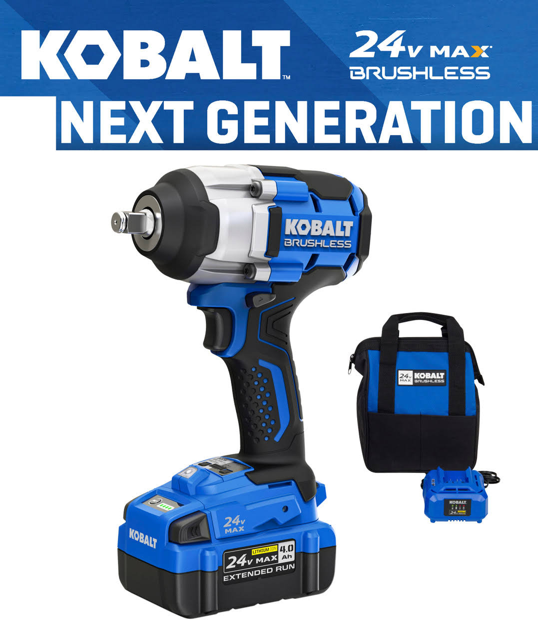 Kobalt Next-Gen 24-Volt Max Variable Speed Brushless 1/2-in Drive Cordless Impact Wrench (Battery Included)