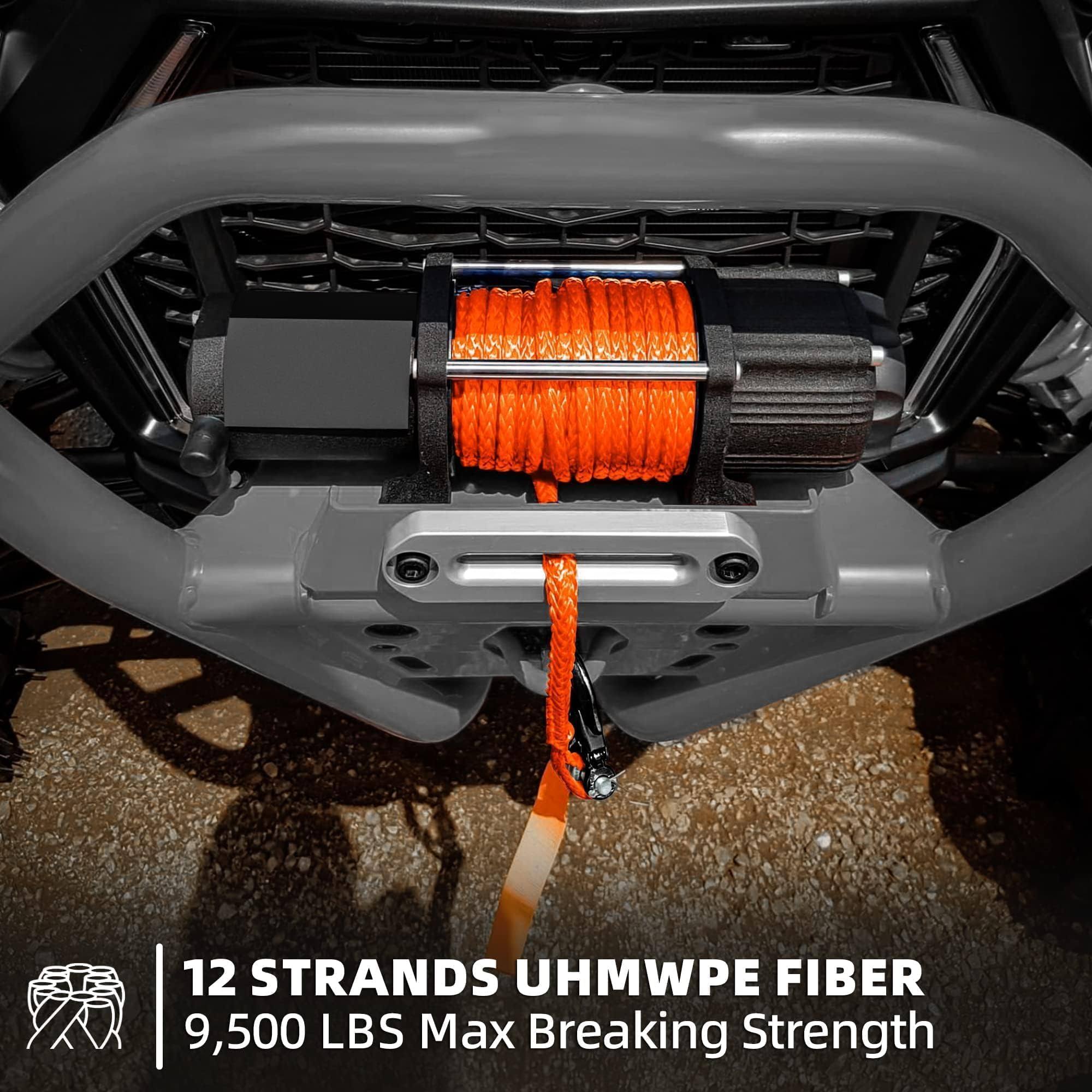 SAMOUT Synthetic Winch Rope Kit, 1/4in x 50ft 9500lbs Cable + Forged 13500LBS Winch Hook + Rubber Stopper + Safety Pull Strap