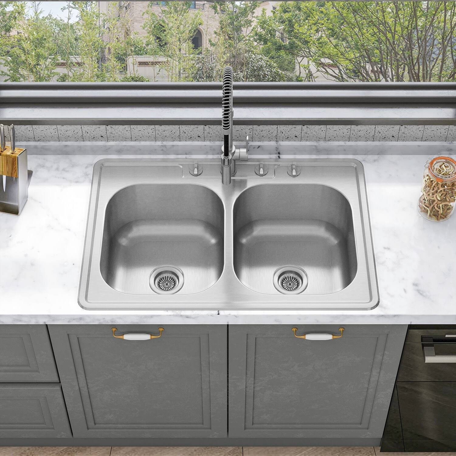 Sinber 304 Stainless Steel 18 Gauge 33 in. Double Bowl Drop-In Kitchen Sink, Silver