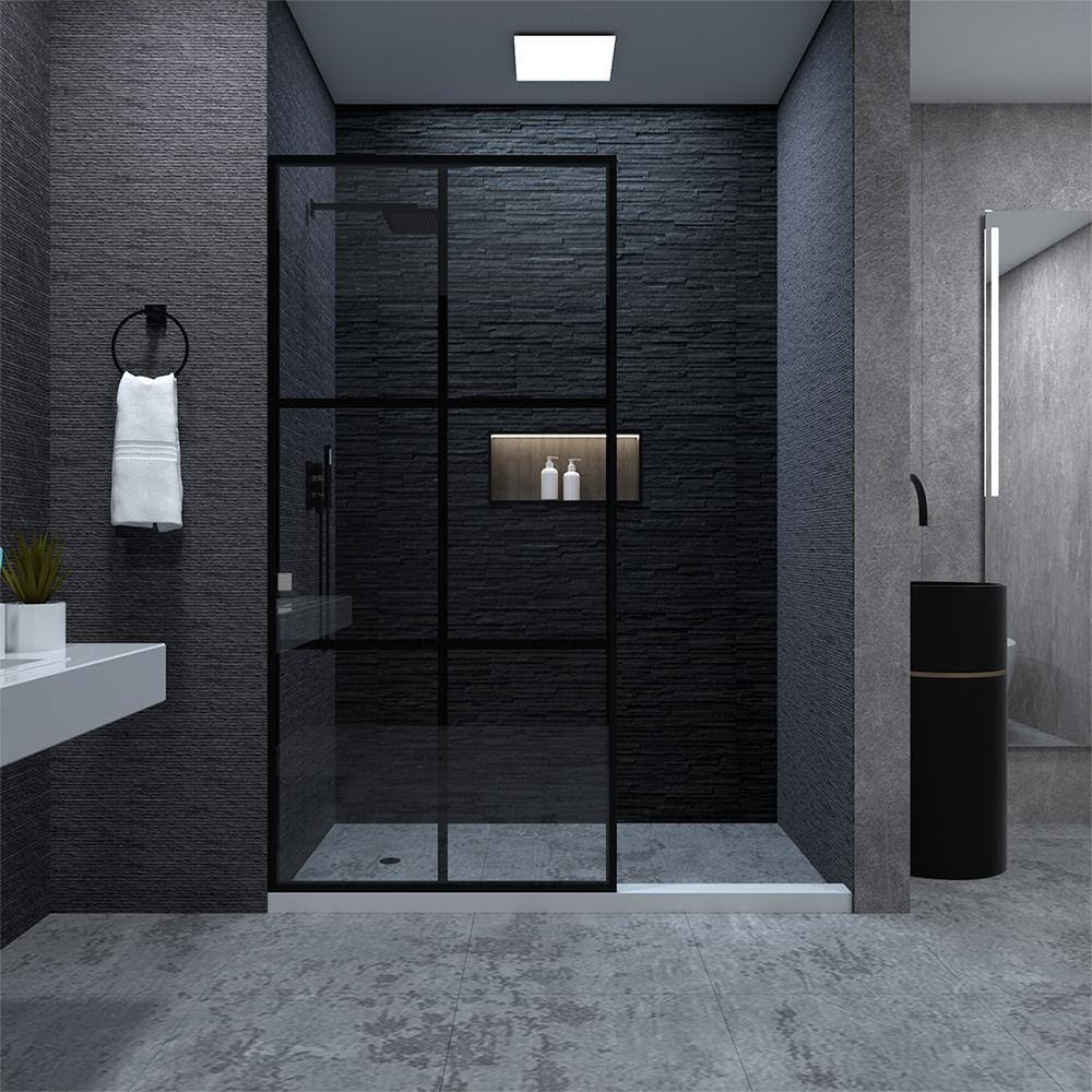 niveal Citron 34 in. W x 72 in. H Fixed Framed Shower Door in Matte Black Finish with Patterned Glass
