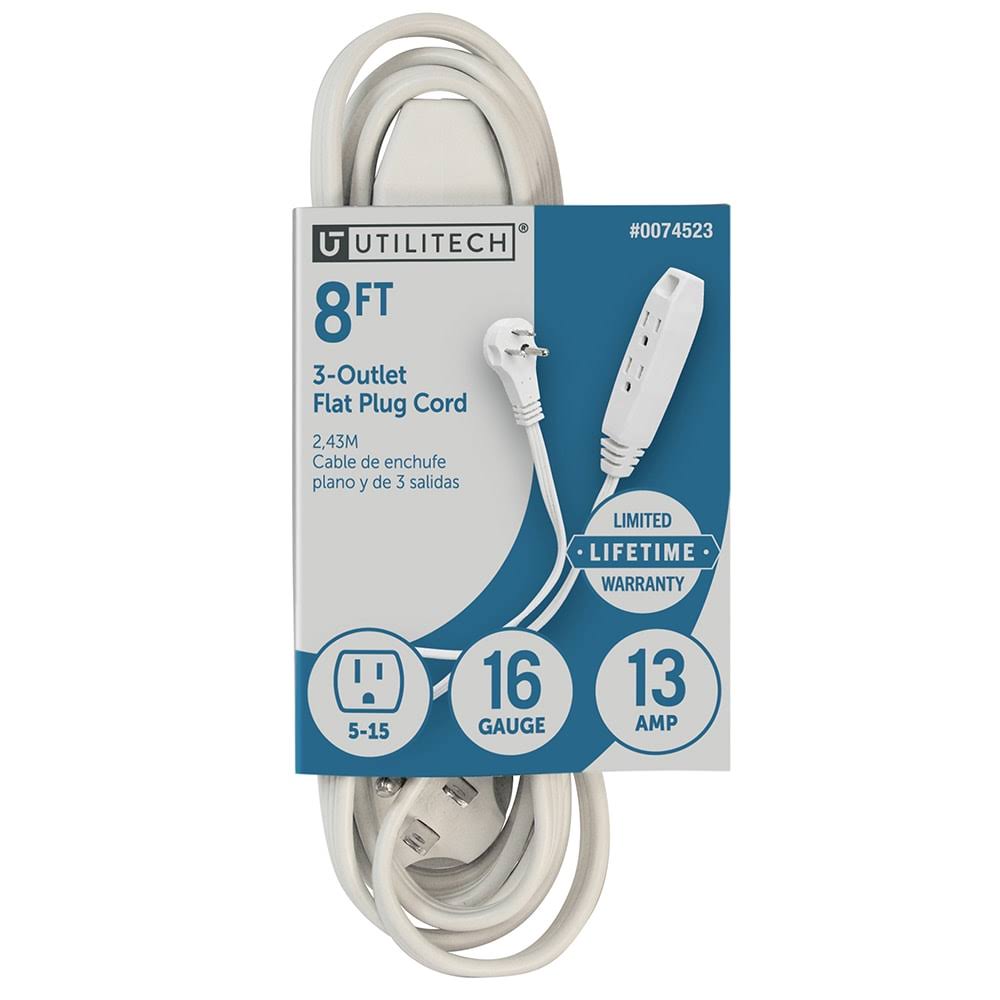 Utilitech 8-ft 16 / 3-Prong Indoor SPT-2 Light Duty Flat Plug Extension Cord in White | UT930608